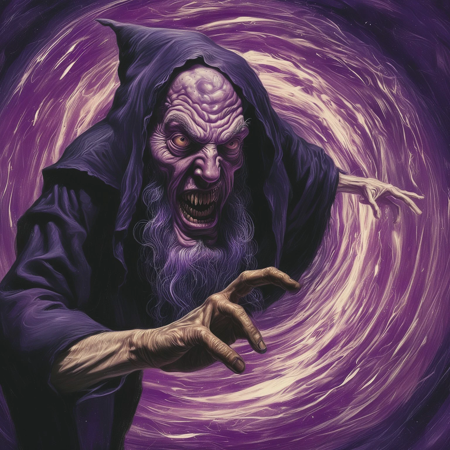 edrepkastyle, album cover, horror, painting, soft, highly detailed, exaggerated, an evil wizard flying out of a purple vortex, looking at viewer, reaching out