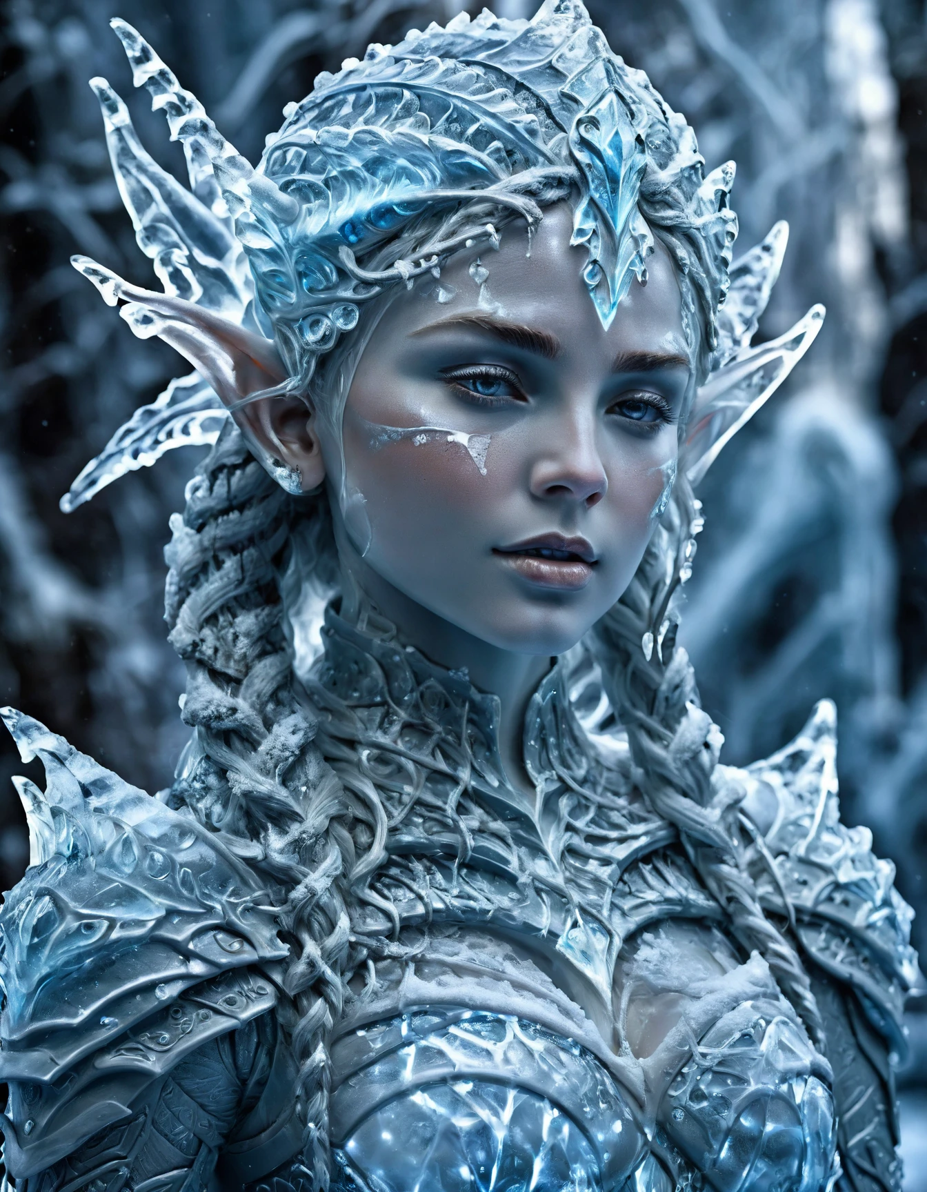 ice_art,ice painting of young elf woman, perfect face, high detailed elf armor, dramatic, extremely detailed, intricate, elegant <lora:ice_art:1>