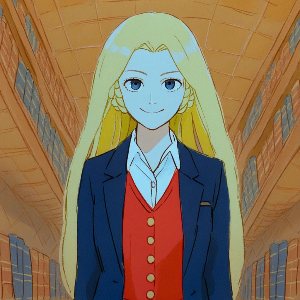 score 9, score 8, score 7, 1girl, solo, pmelm, blonde hair, long hair, braids, upper body, navy blazer, red vest, white collared shirt, interior, library, looking at viewer, smile,