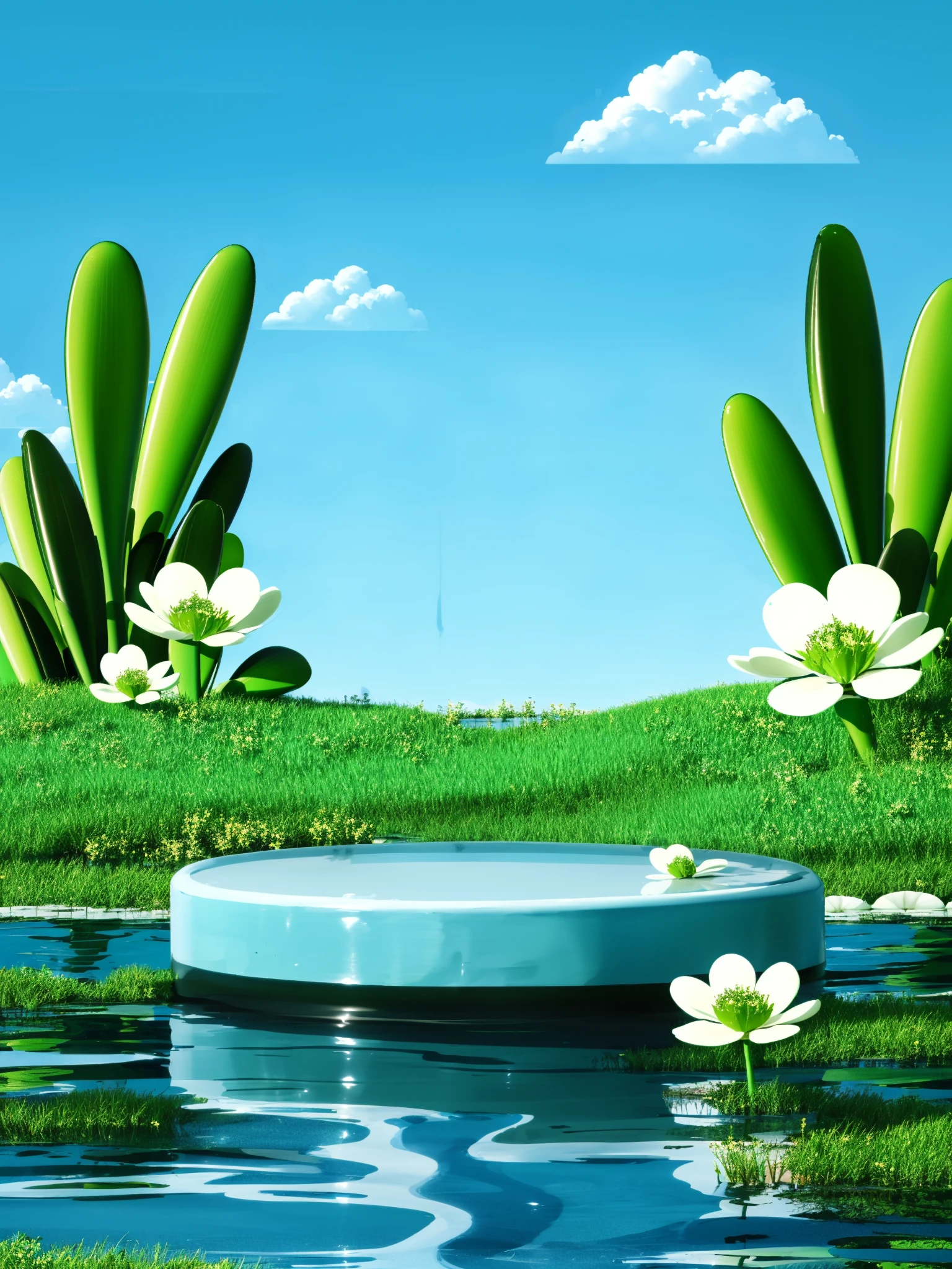 texture, HEZI, electronic mall scene, detail, rendering, no humans, flower, outdoors, sky, day, water, blue sky, plant, scenery, white flower, lily pad, cloud, pool, reflection, reflective water, leaf<lora:çµååºæ¯-000014:0.7>,