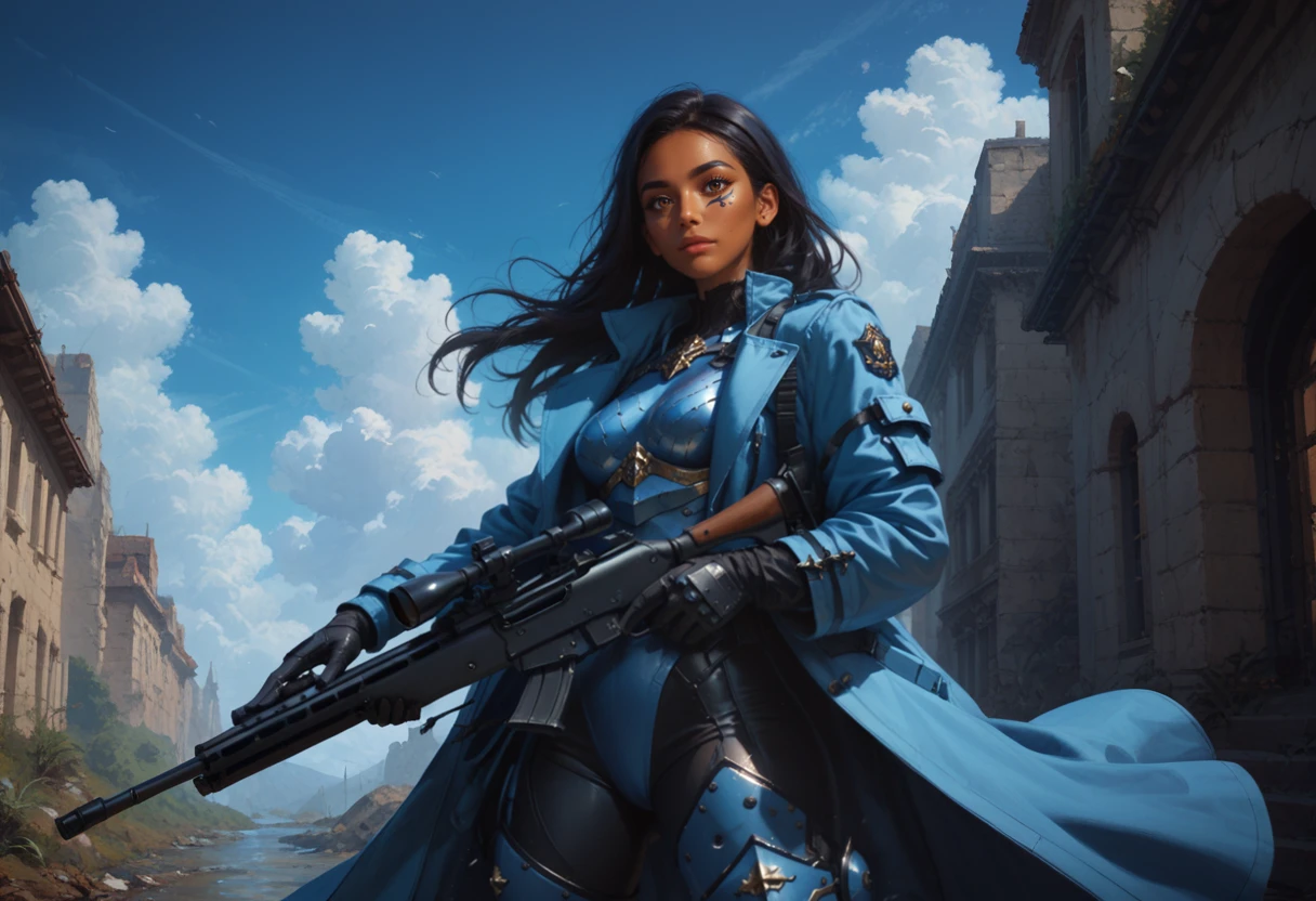 score_9, score_8_up, score_8, from side, looking at viewer, BREAK ana, solo, black hair, brown eyes, long hair, wind blowing hair, dark-skinned female, large breasts, beret, blue trench coat, gloves, armor, armored boots, armored pants, armor, blue sky