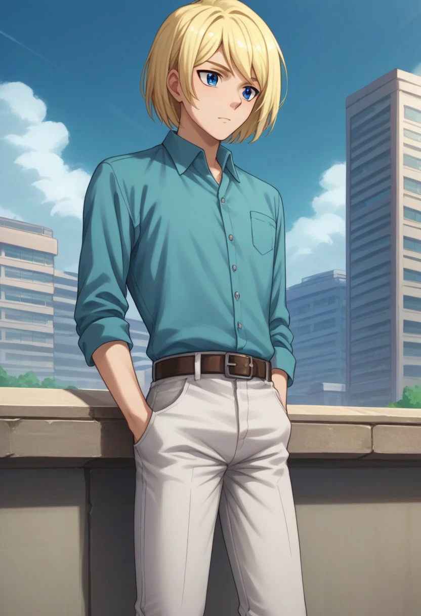 score_9, score_8_up, score_7_up, source_anime, highly detailed, 
shionkiba, 1boy, male focus, solo, shirt, blue eyes, blonde hair, blue shirt, 
belt, pants, short hair, collared shirt, white pants, grey pants,
outdoor, sky, buildings,