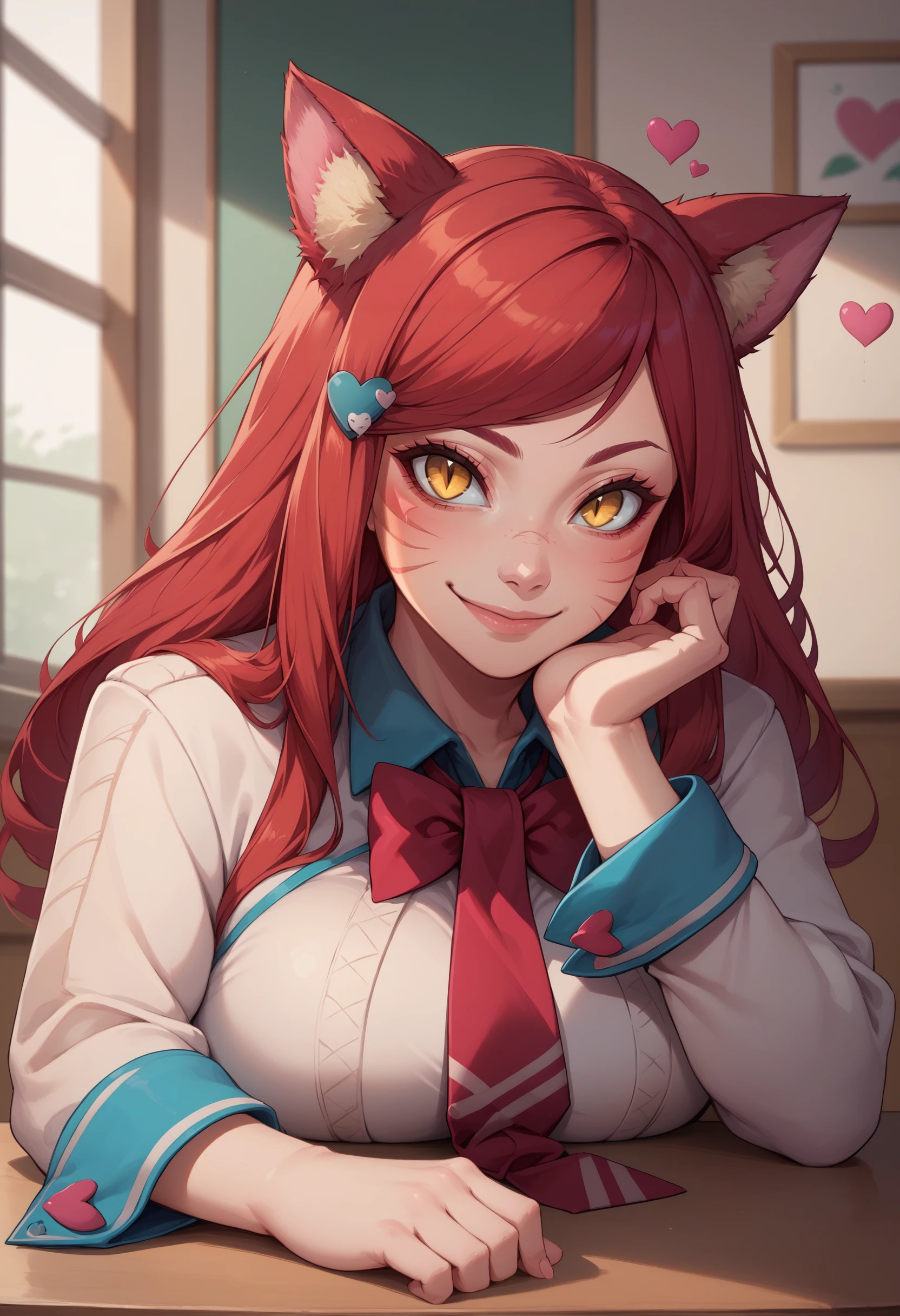 score_9, score_8_up, score_7_up, Ahriacademy, slit pupils, animal ears, facial mark, long hair, red hair, yellow eyes, large breasts, hairclip, heart hair ornament, school uniform, bow, bowtie, necktie,  <lora:Ahri_Academy_pdxl_Incrs_v1:1>, upper body, seductive smile, solo, elbow rest, close-up, indoors, long sleeves,