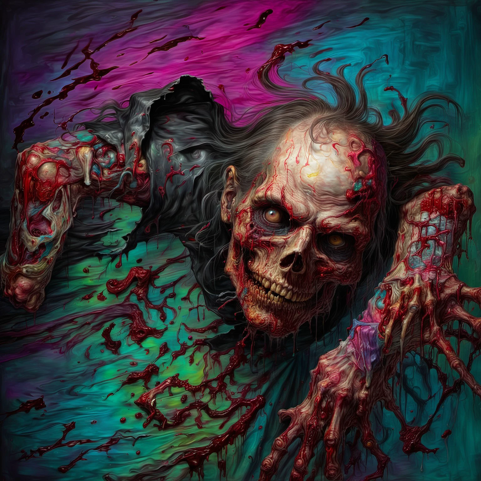 death metal album cover, horror, gore, rotting corpse, looking at viewer, disgusting, guts, ripping guts out, exaggerated, painting, brush strokes, colorful, bright