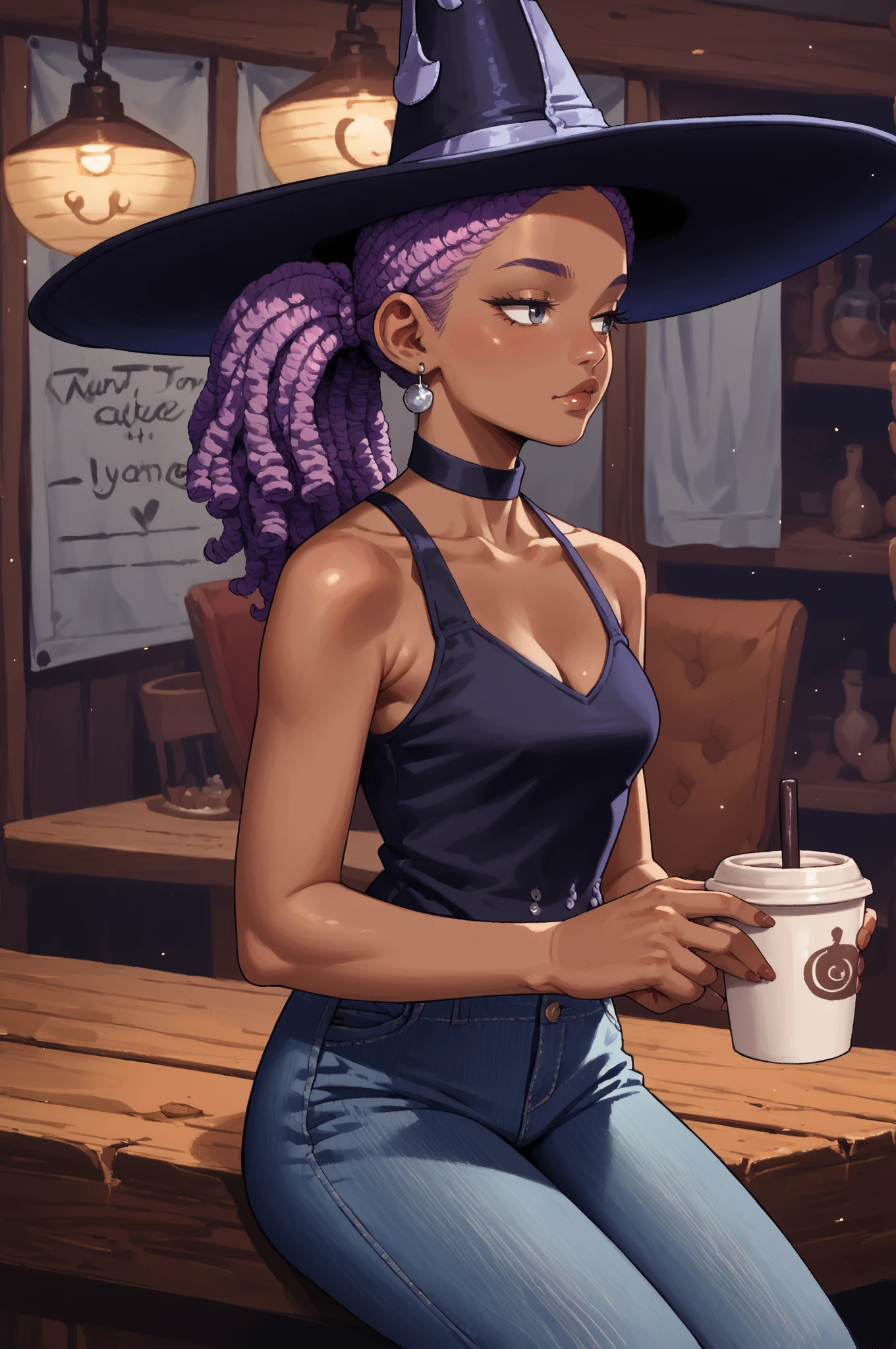 score_9, score_8_up, score_7_up, score_6_up, score_5_up, score_4_up, (high quality, detailed, beautiful)  <lora:Helene_epoch_9:0.99> helene_potnom, witch_hat, tank_top, jeans, dark_skin, sitting, cafe, holding_cup, purple_hair