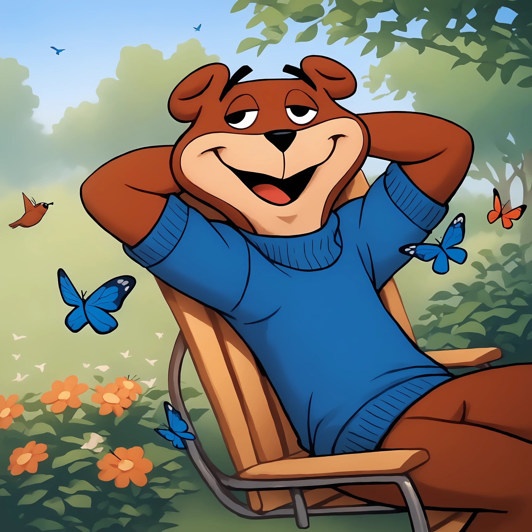 score_9_up, score_8_up, score_7_up, sugarbear sitting on a chair in the park, hands behind head, relaxed, 1boy, solo, outdoors, butterflies, cartoon birds, happy day, happy, friendly, white sclera, happy flowers BREAK, smile, open mouth, arms behind head, blue sweater, no pants, relaxed, white sclera, detailed, animation cel, masterpiece, beautiful, 8k, friendly, happy,  <lora:Smooth Anime 2 Style SDXL_LoRA_Pony Diffusion V6 XL:1> <lora:Sugar_Bear_Sugar_CrispGolden_Crisp-000004:1>