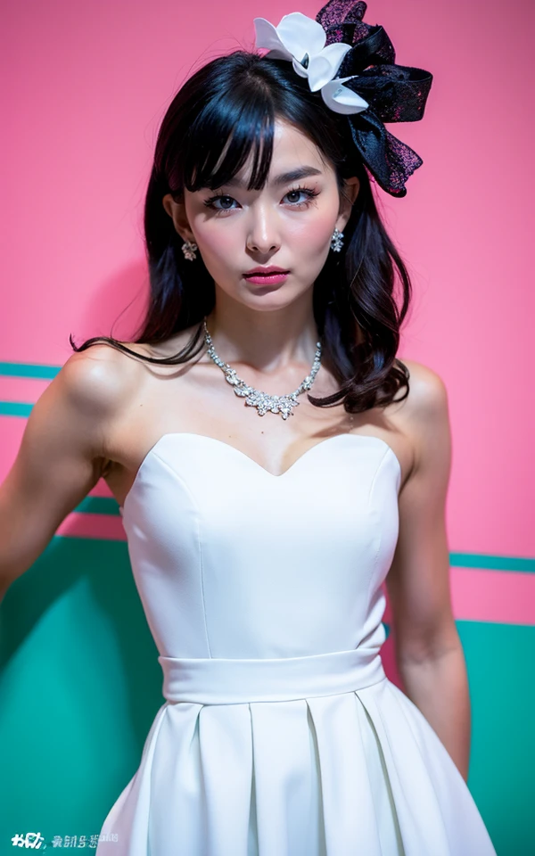 <lora:Seulgi_V2:1> Seu!g!,, , (realistic), (hyperrealism), (photorealistic:1.4), 1girl, black hair, dress, hair ornament, lips, looking at viewer, makeup, pink background, realistic, ribbon, sleeveless, solo, standing, white dress