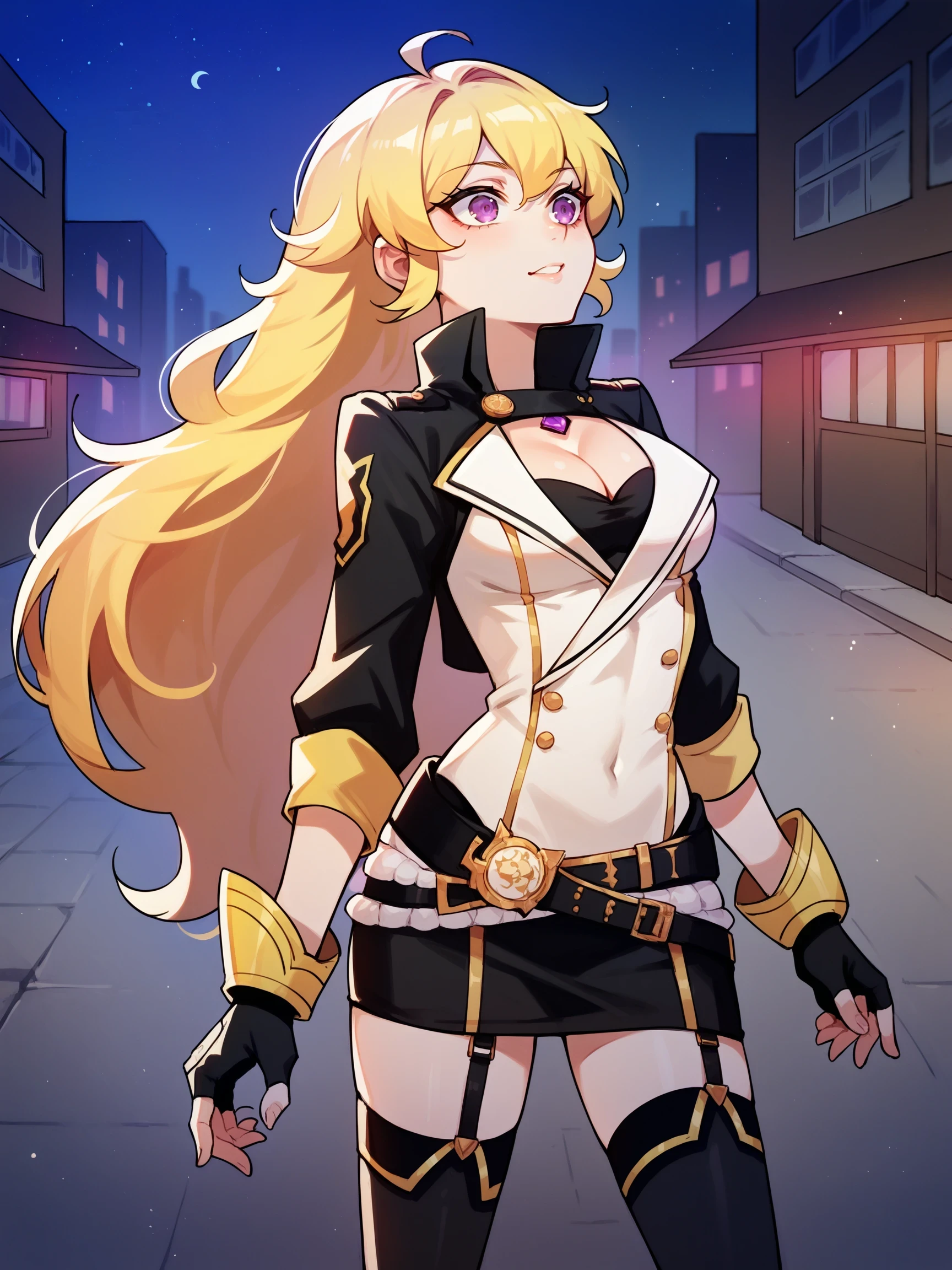 YangXiaoLong, 1girl, solo, blonde hair, long hair, ahoge, purple eyes, Leaning back, mimicking a limbo dance,
score_9, score_8_up, score_7_up, source_anime, masterpiece, , HunterOutfit, jacket, black skirt, thighhighs, garter straps, belt, fingerless gloves, cleavage, boots, purple waist cape, outdoors, night, street, city street,