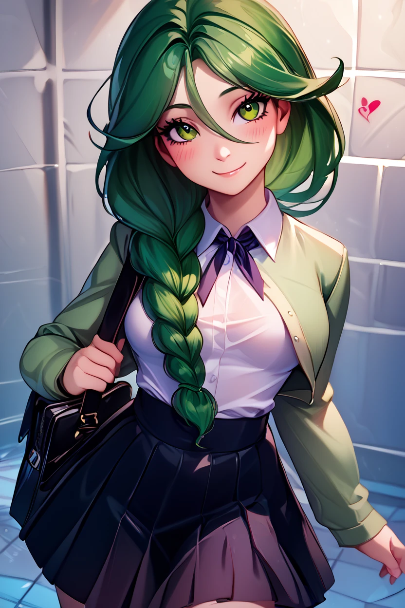 score_9, score_8_up, score_8, medium breasts, (curvy), cute, eyelashes,       BREAK, , <lora:CherylPokemonPDXL-000009:0.8>, zzCheryl, green eyes, single braid, hair over shoulder, green jacket, long dress,, BREAK, closed mouth, alternate costume, smile, looking at viewer, collared shirt, blush, sweater, black skirt, eyelashes, long sleeves, sleeves past wrists, plaid skirt, shoulder bag, black bag, blurry, tile floor, pleated skirt, white shirt, cowboy shot,  embedding:zPDXL, Expressiveh,  <lora:Vivid:0.7>,  <lora:LFashionPDXL:1>,  <lora:Uncensored_PonyXL_cpt_v02.09:0.4>,  <lora:Expressive_H-000001:0.4>,