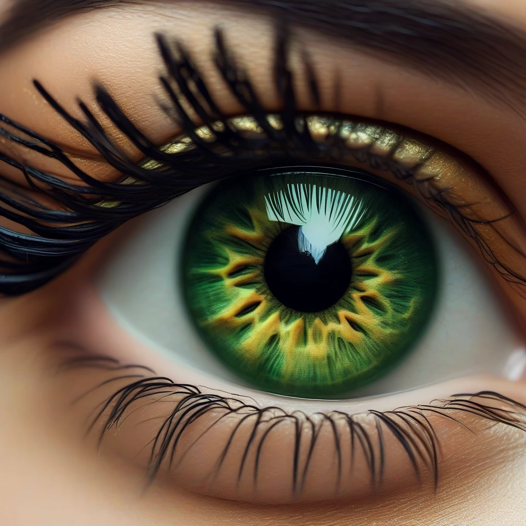 A detailed close-up of a human eye with a green iris. The eye is adorned with expertly applied makeup: gold eyeshadow, perfectly drawn black eyeliner, and voluminous mascara on the eyelashes. The skin around the eye is flawless and smooth.