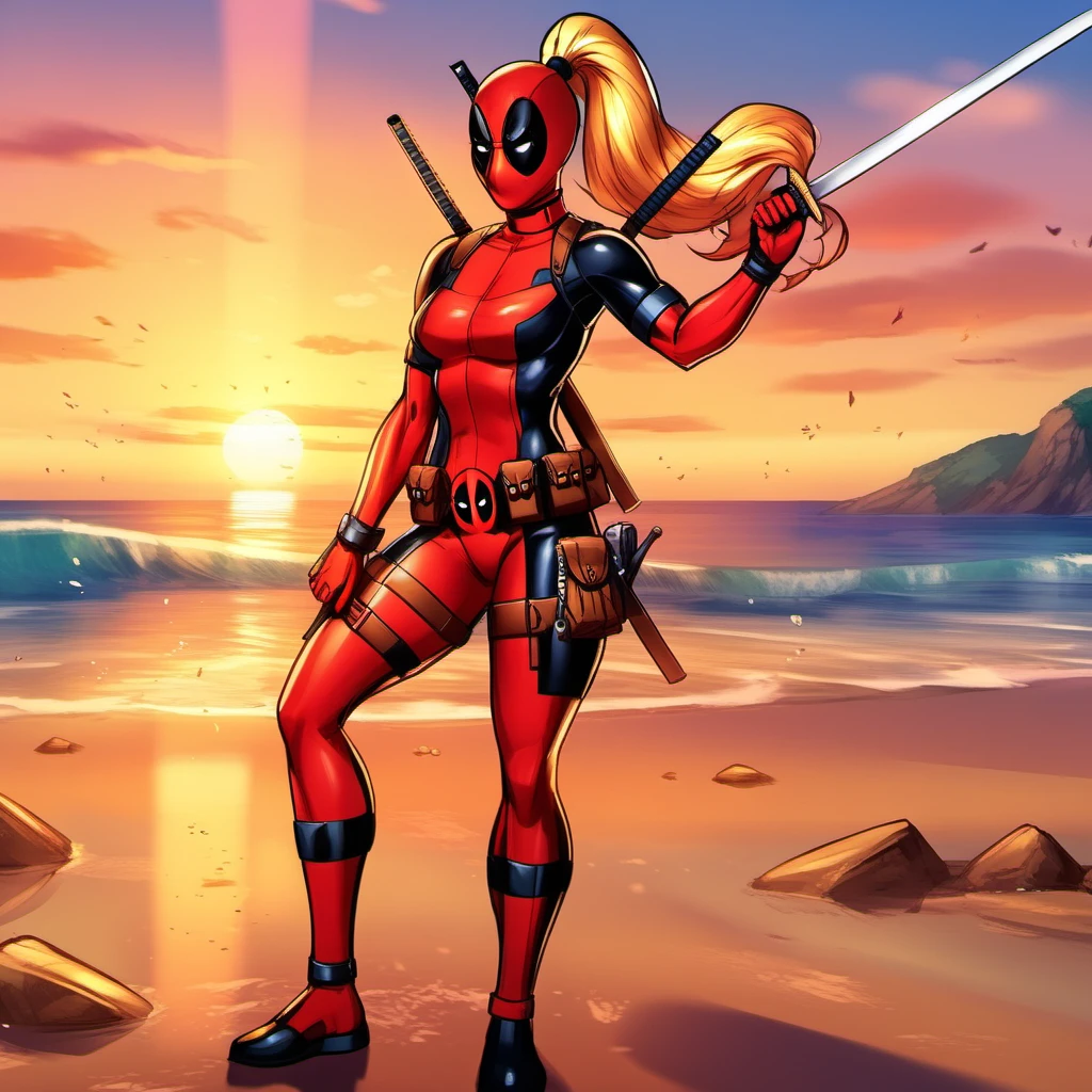 anime artwork full body portrait lady deadpool, ponytail, blond hair, body suit, holds swords on the beach, sunset <lora:LDP1024:0.8> . anime style, key visual, vibrant, studio anime,  highly detailed