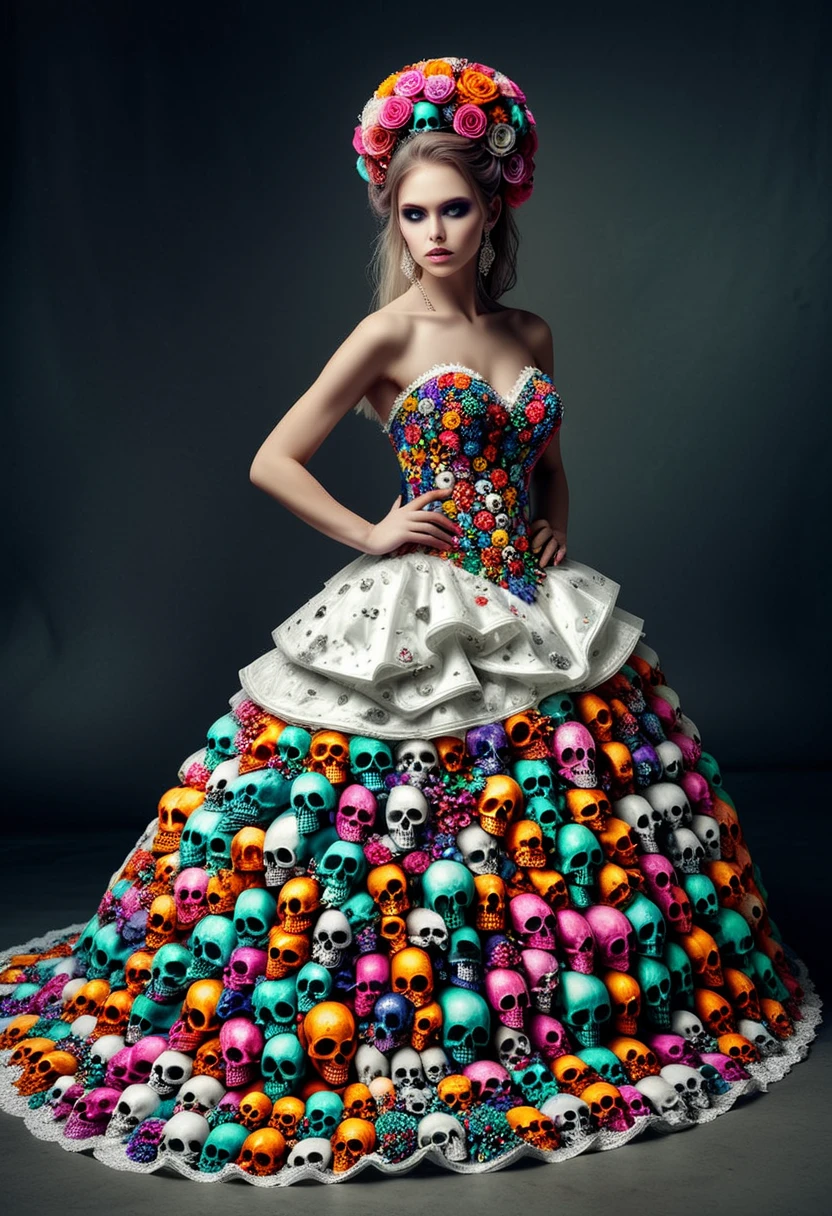 bride wearing a wedding dress made of colorful skulls, ,Masterpiece,best quality, photo, realistic, very aesthetic