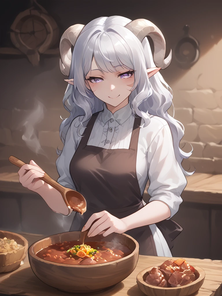 1girl, solo, source_furry, score_7_up, rating_safe, source_anime, anime face,
<lora:whisker_markings:0.8>red whisker_markings, silver long wavy hair, short pointy ears, purple eyes, <lora:age_slider_v4:0.6>
<lora:Test_Diana:0.8> tiefling_bard_diana,
<lora:Smooth Style 2 SDXL_LoRA_Pony Diffusion V6 XL:0.3> smile, open eyes, <lora:INKxXmo shaded face:0.6> Shaded FaceINKxXmo Dark Theme, cowboy shot, apron,  serving, tavern,
<lora:Assume_the_position:0.8><lora:Tavern_stew:1> small tavern_stew   , wood bowl, steam, wood spoon, meat, vegitable,