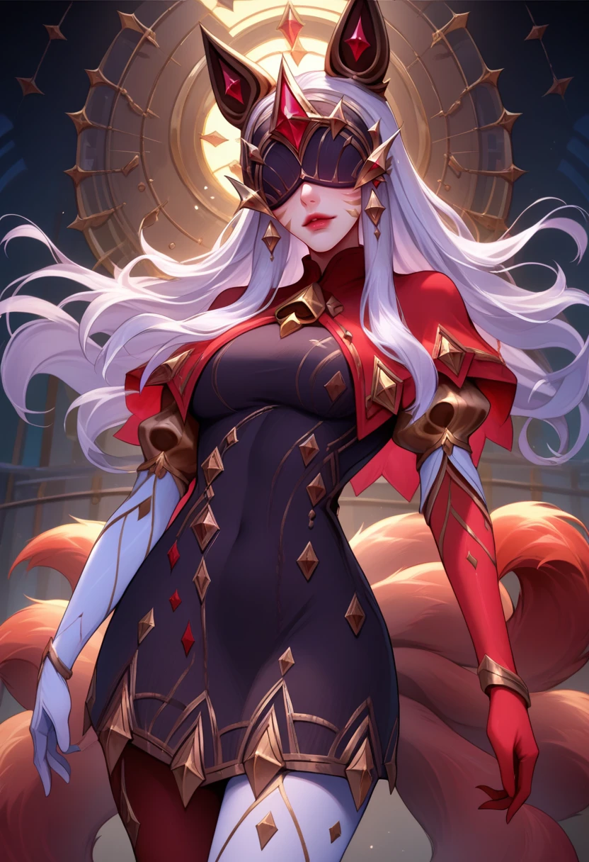 score_9, score_8_up, score_7_up, Ahriarcana, animal ears, facial mark, multiple tails, long hair, white hair, large breasts, eye mask, covered eyes, jewelry, earrings, black Dress, capelet, gold trim, puffy sleeves, elbow gloves, asymmetrical gloves, red gloves, white gloves, asymmetrical legwear, red legwear, white legwear, pantyhose, <lora:Ahri_Arcana_pdxl_Incrs_v1:1>, dynamic pose, indoors, seductive smile, hand on own face, cowboy shot,