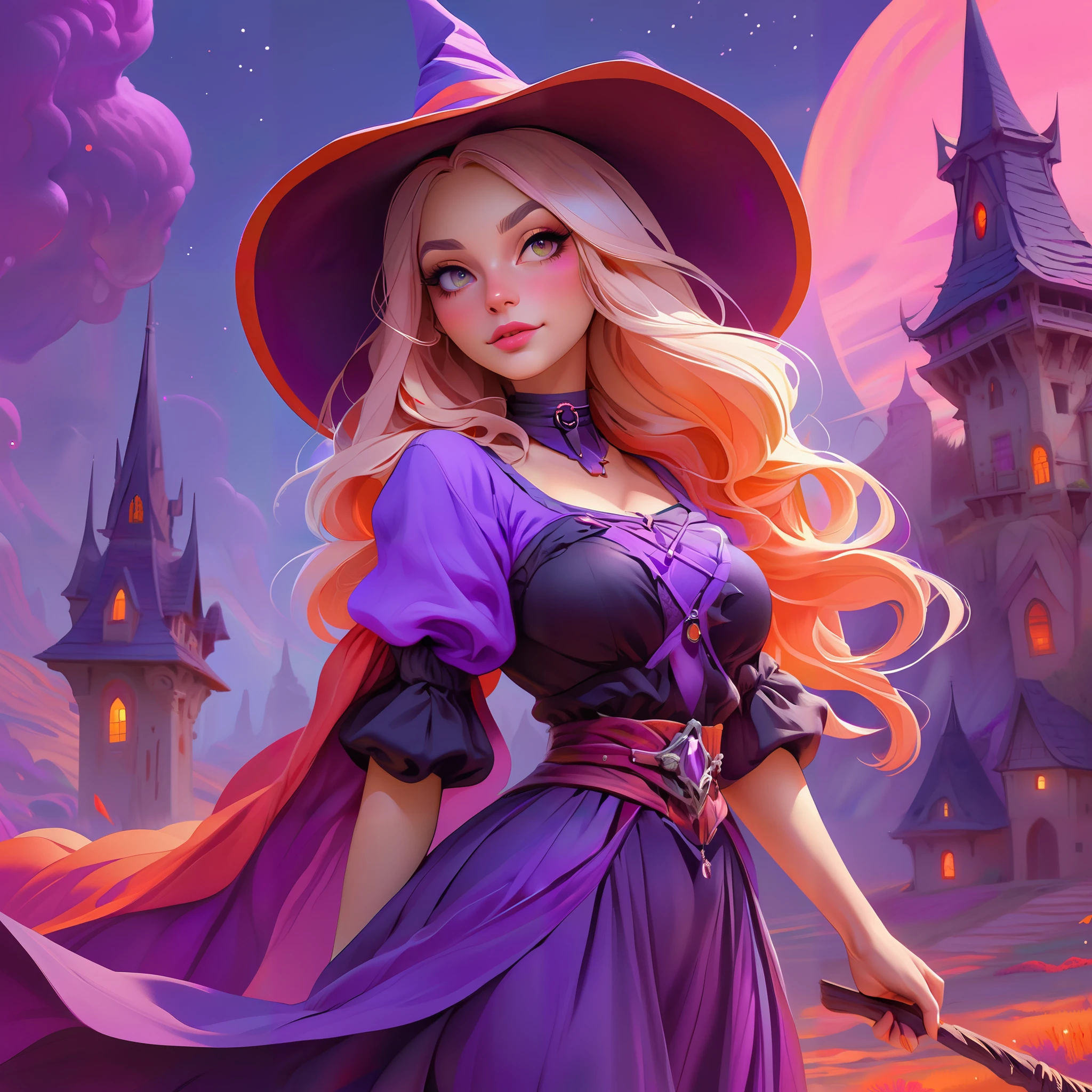 1woman, dreamscape witch, cute outfit dreamscape colors, detailed dreamscape background, colorful, purple orange and red, dreamscape landscape background, illustration