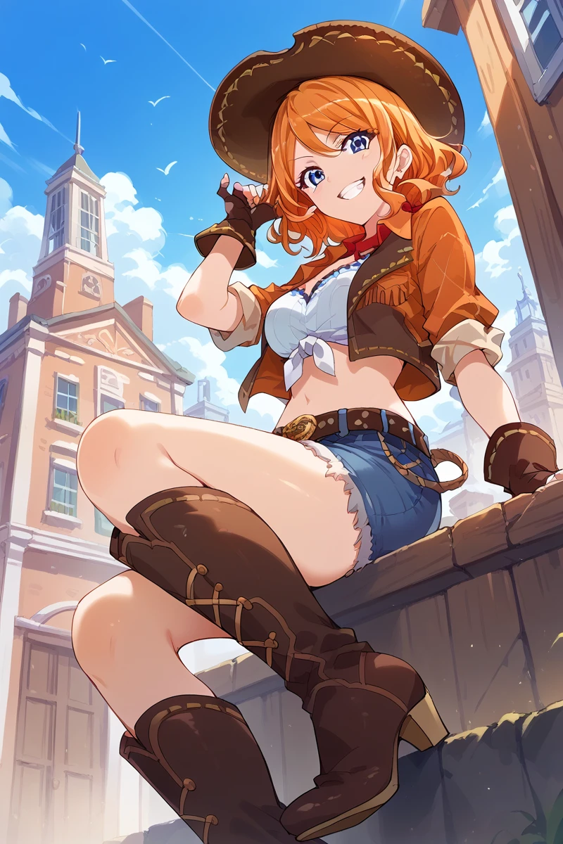 score_9, score_8_up, score_7_up, score_6_up, 1girl,
 <lora:Tsukasa_Ebisu:0.9> tsukasa, orange hair, breasts, cowboy hat, 1girl, hat, fingerless gloves, gloves, boots, smile, blue eyes, grin, solo, building