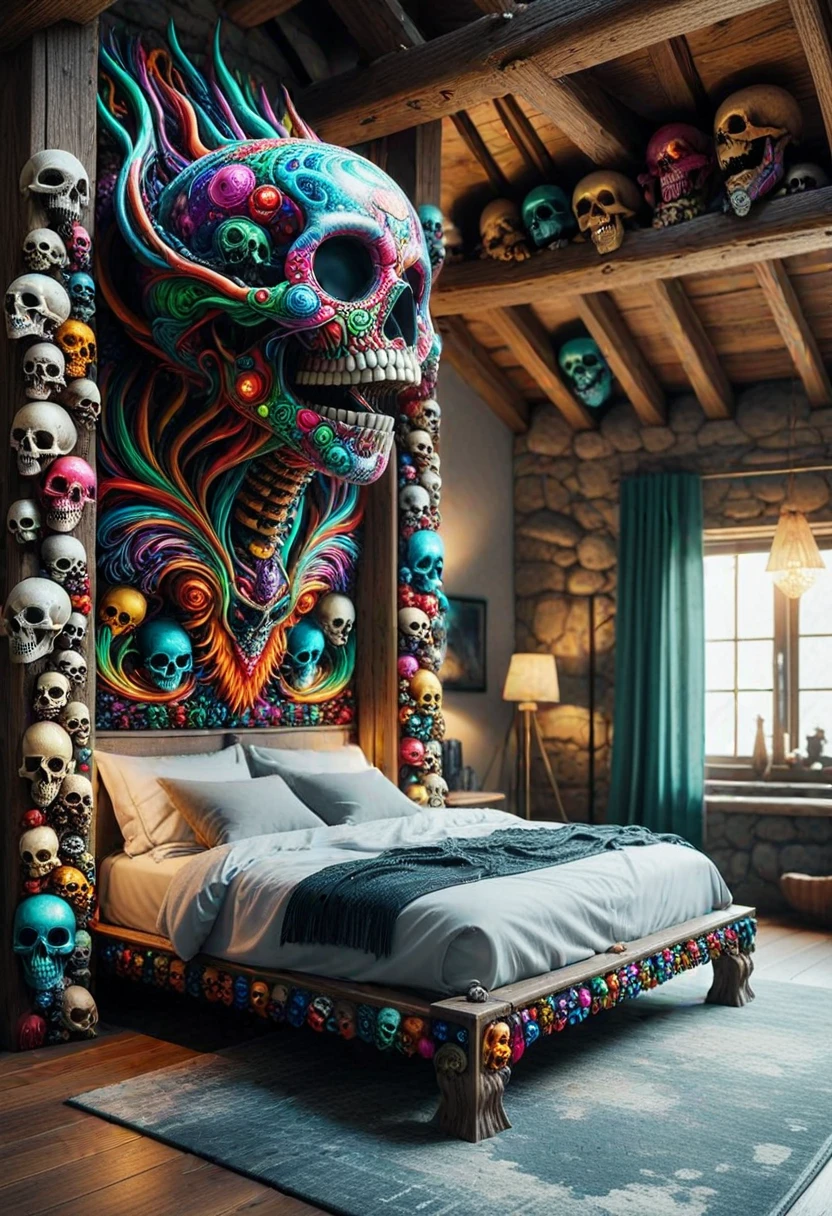 (medium full shot) of an alien made of colorful skulls, a rustic bedroom with exposed wooden beams, a four-poster bed, a roaring fireplace ,Masterpiece,best quality, photo, realistic, very aesthetic