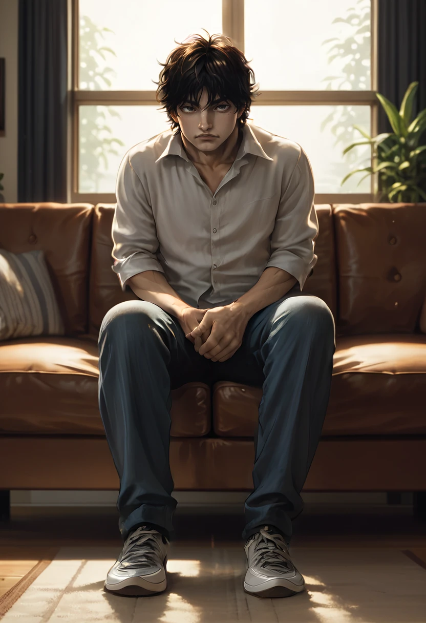 score_9, score_8_up, score_8,   <lora:Baki_Hanma_Baki_for_PonyXL:0.8> 1boy, b4k1, mole, male focus, solo, sitting on couch, living room, window, source_anime