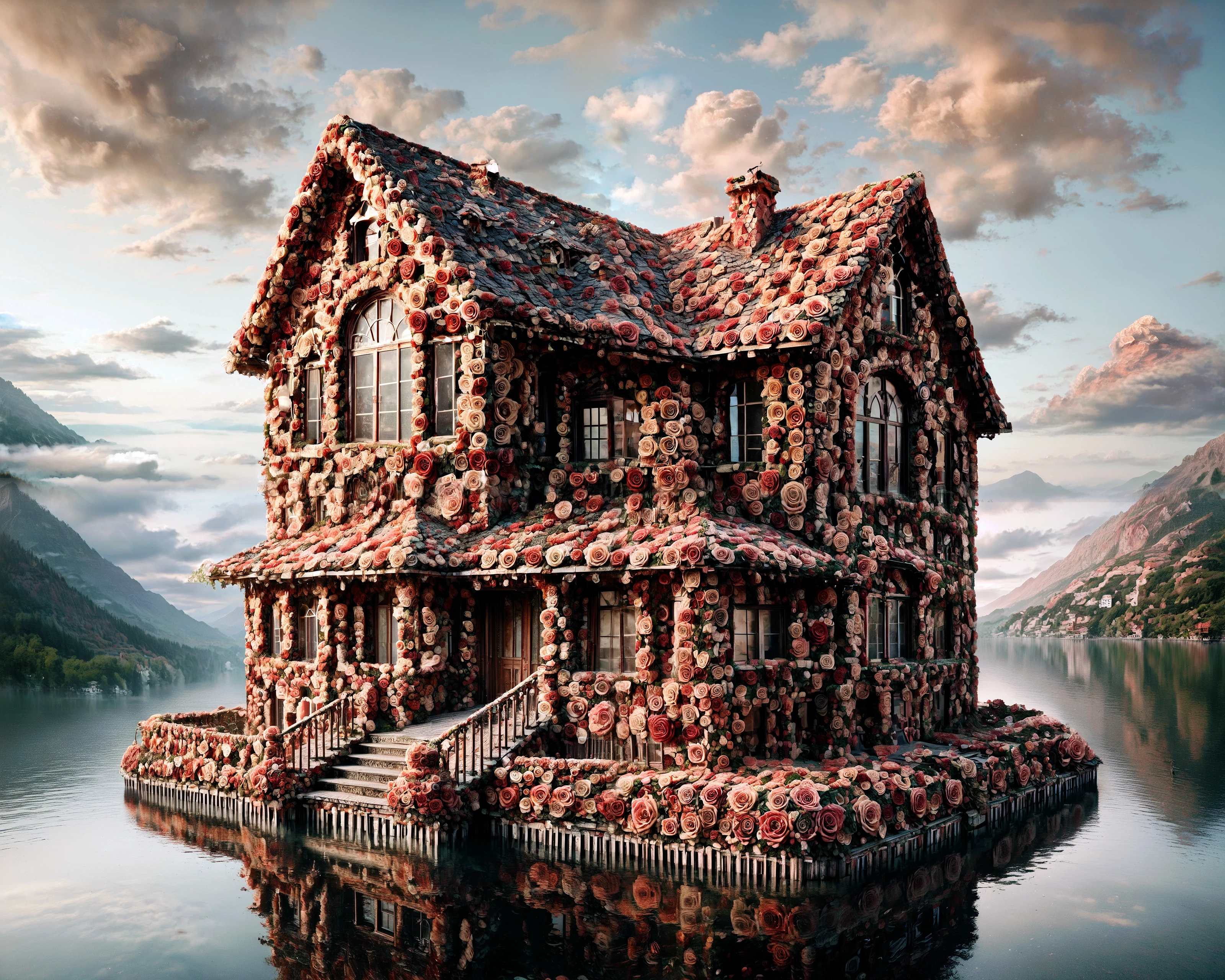 score_9, score_8_up, score_7_up,

r0535, A photorealistic RAW photo, a semi-realistic artstyle, photo manipulation of a house made entirely of rose, high details, landscape, hills, sunset, clouds, sunset, 

reflection,