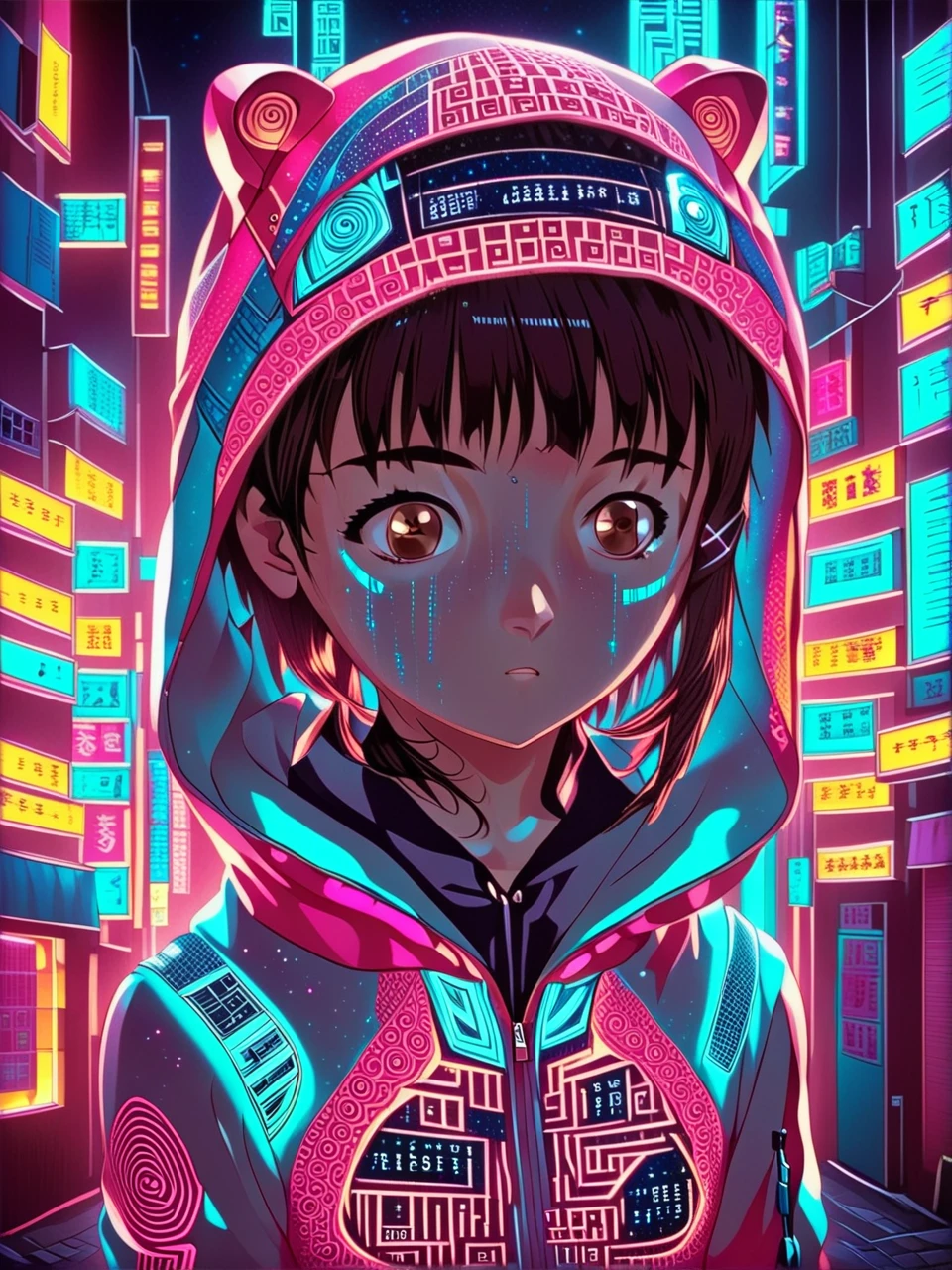 teen Iwakura Lain in in hoodie in binary code world detailed childish face, neon aura, full body shot, happy, masterpiece, perfectly balanced, edgy street art, , , 24bit colors, cinematic illustration, energy-filled illustration