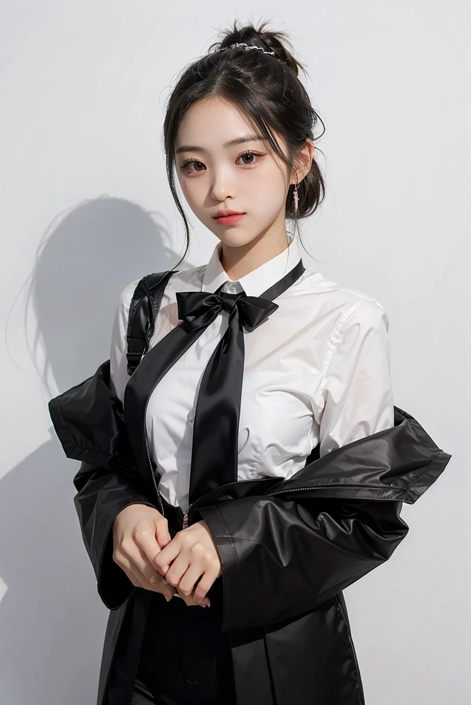 1girl, black  random formal attire, white background,    <lora:Itzy_ryujin-04:1>