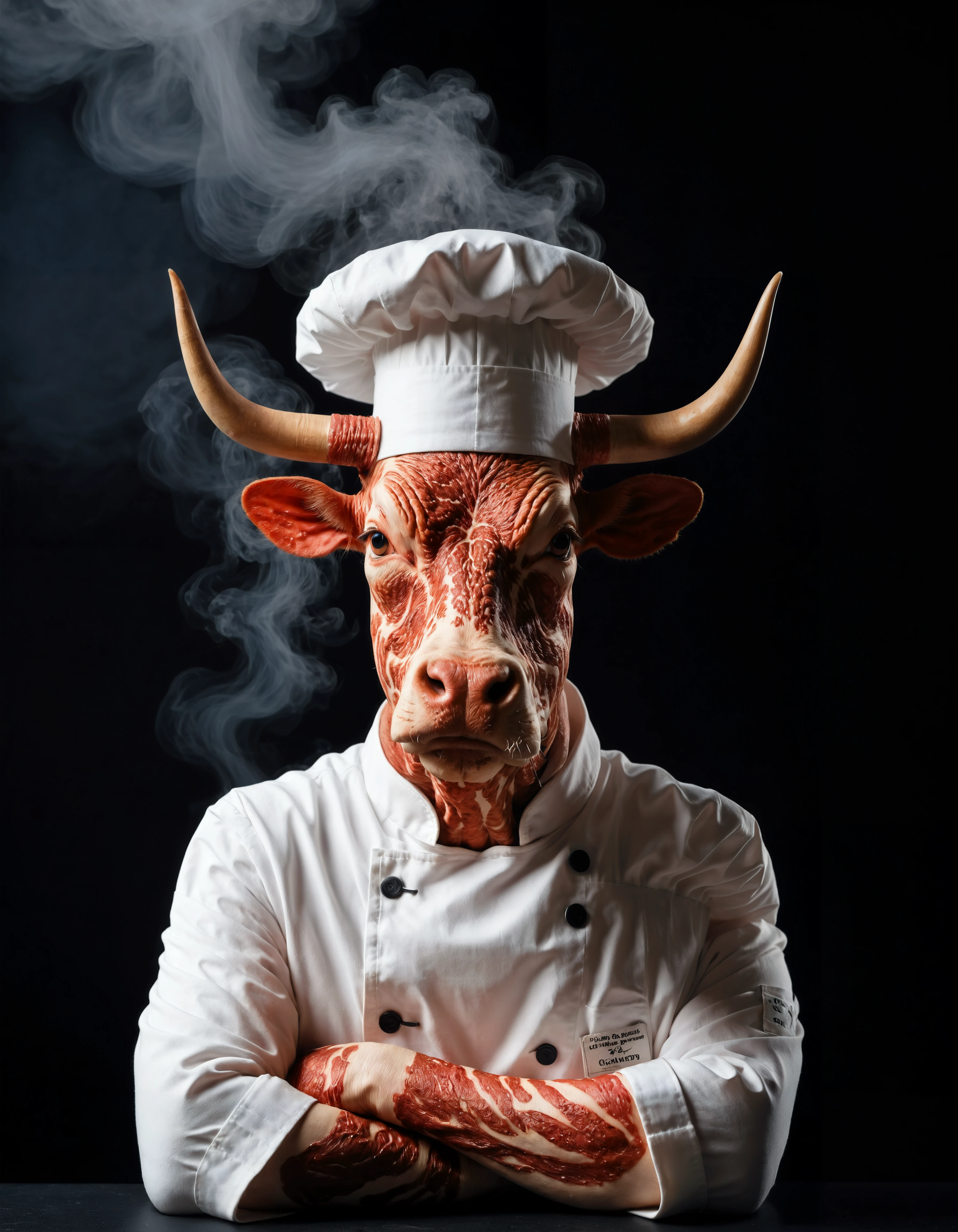 bull cow (made of wagyu), wearing white chef hat, wearing white chef uniform, arms crossed, cinematic movie poster, dark black background, professional photography, dramatic shadows, aura, (fine wisps of smoke:0.8), detailed,