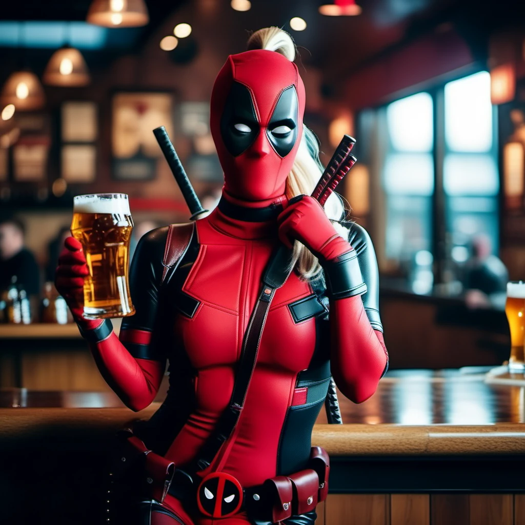 cinematic photo full body portrait lady deadpool, blond hair, ponytail, mask, body suit, having a beer in a pub<lora:LDP1024:0.8> . 35mm photograph, film, bokeh, professional, 4k, highly detailed