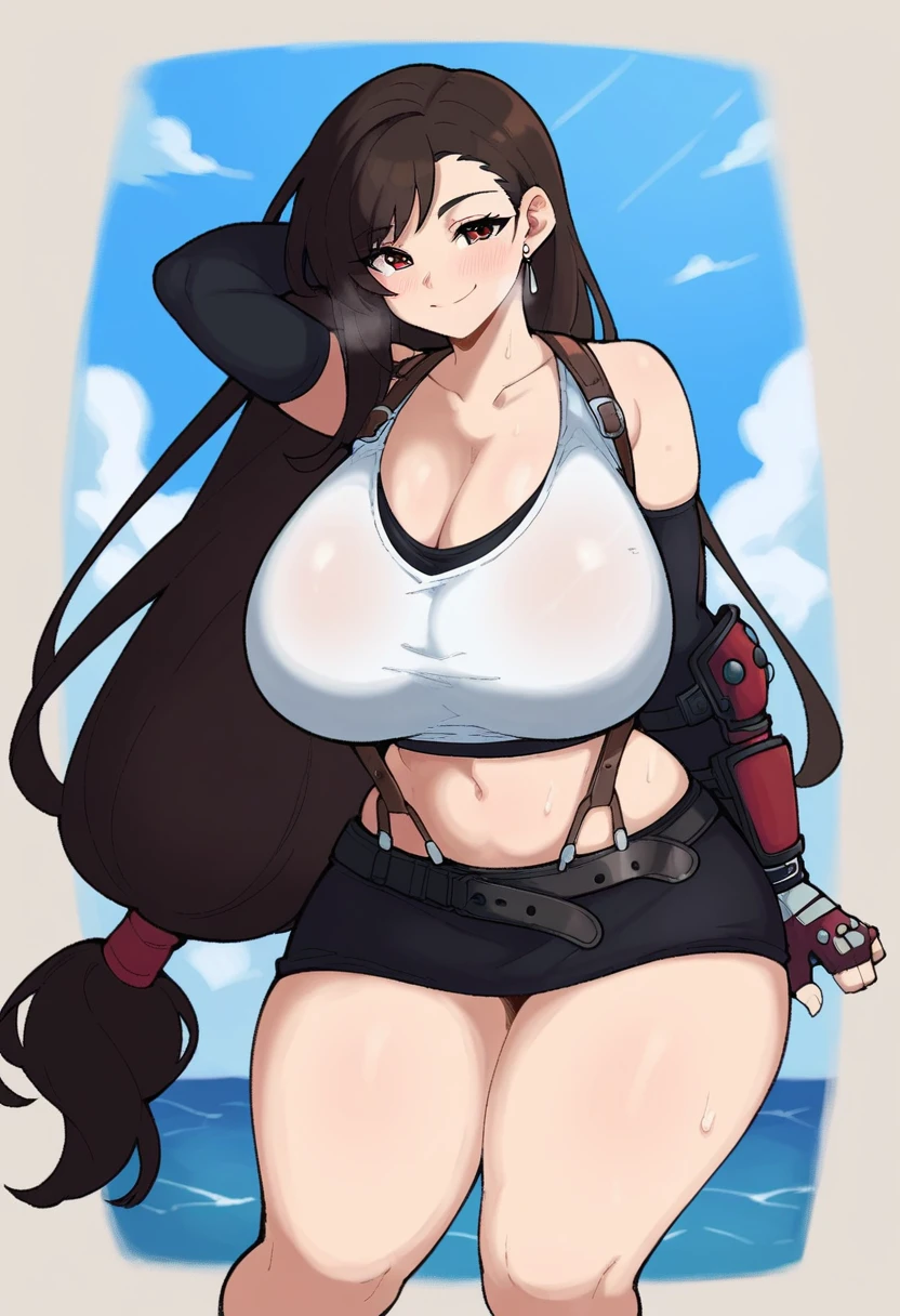 score_9, score_8_up, score_7_up, score_6_up, BREAK 1girl, female, huge breasts, thick thighs, wide hips, voluptuous, black skirt, Tifa Lockhart, smile, vammzu style <lora:vammzu-000006:0.8>