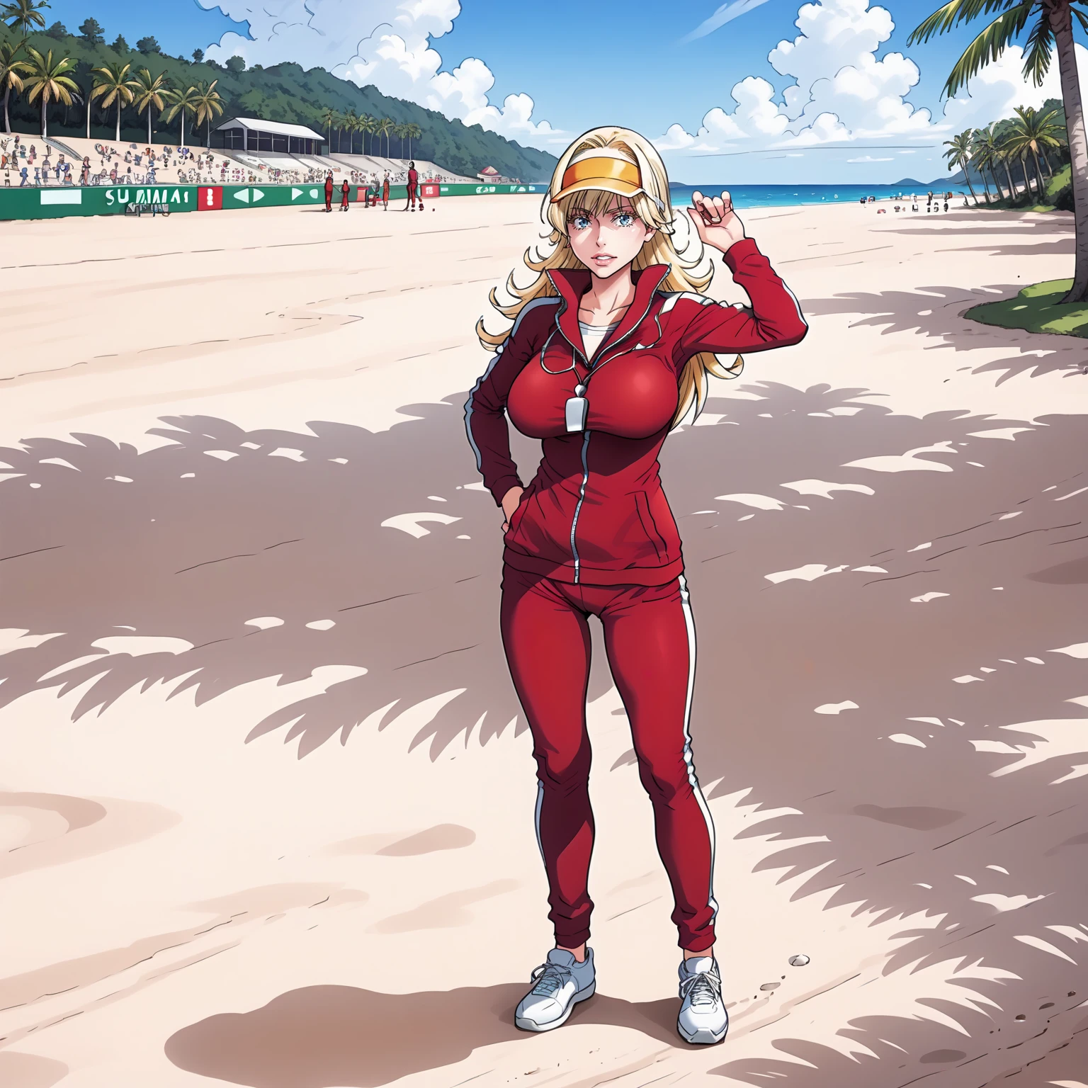 <lora:NBnSd_SuomiSenseiXLpony001>,
parted lips,
solo,
SuomiSensei,1girl,blonde hair,long hair,blue eyes,
large breasts,
visor cap,
whistle around neck,
track suit,red jacket,
red pants,
outdoors,sandy beach,
full body,standing,