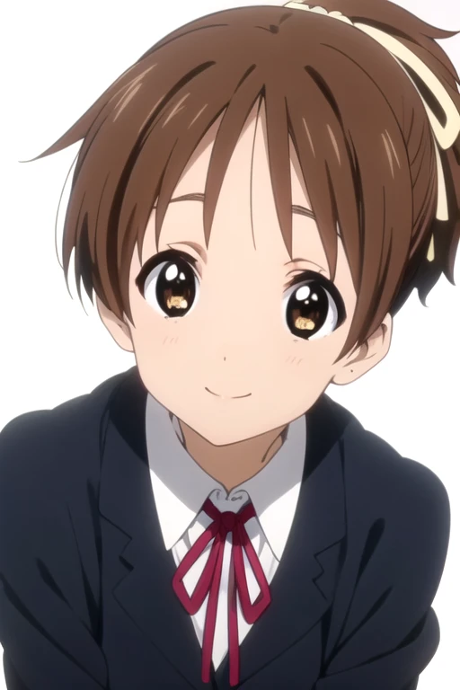 solo, 1girl, looking at viewer, 2D, anime, official style, anime coloring, anime screencap, upper body, (simple background, solid white background:1.3), <lora:ui-kon:0.8>, ui hirasawa, ponytail, school uniform, long sleeves, blazer, ribbon, smile