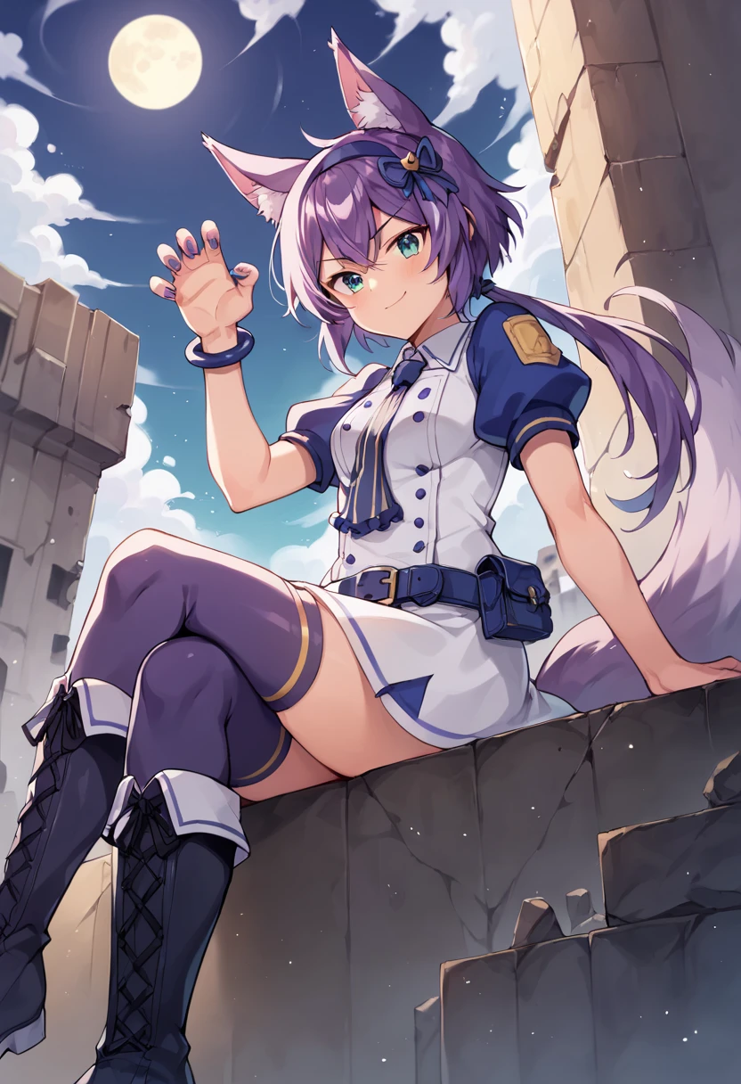 score_9,score_8_up,score_7_up,source_anime,masterpiece,best quality,game cg,1girl,solo,little_girl,ruhuyu_(show_by_rock!!),purple hair,low ponytail,animal ears,hairband,hair ornament,wolf tail,hair between eyes,dress,necktie,short_sleeves,puffy sleeves,blue Sleeves,purple thighhighs,belt,white skirt,((white rimmed boots:1.1)),<lora:ruhuyuSB69:1>,from_below,crossed_legs,claw_pose,smirk,:3,night,rubble_ruins,sitting,closed mouth,purple nail,cloud,moon,night_sky,looking_at_viewer,head_tilt,arm_at_side,arm_behind_back,from_side,(tower:1.1),