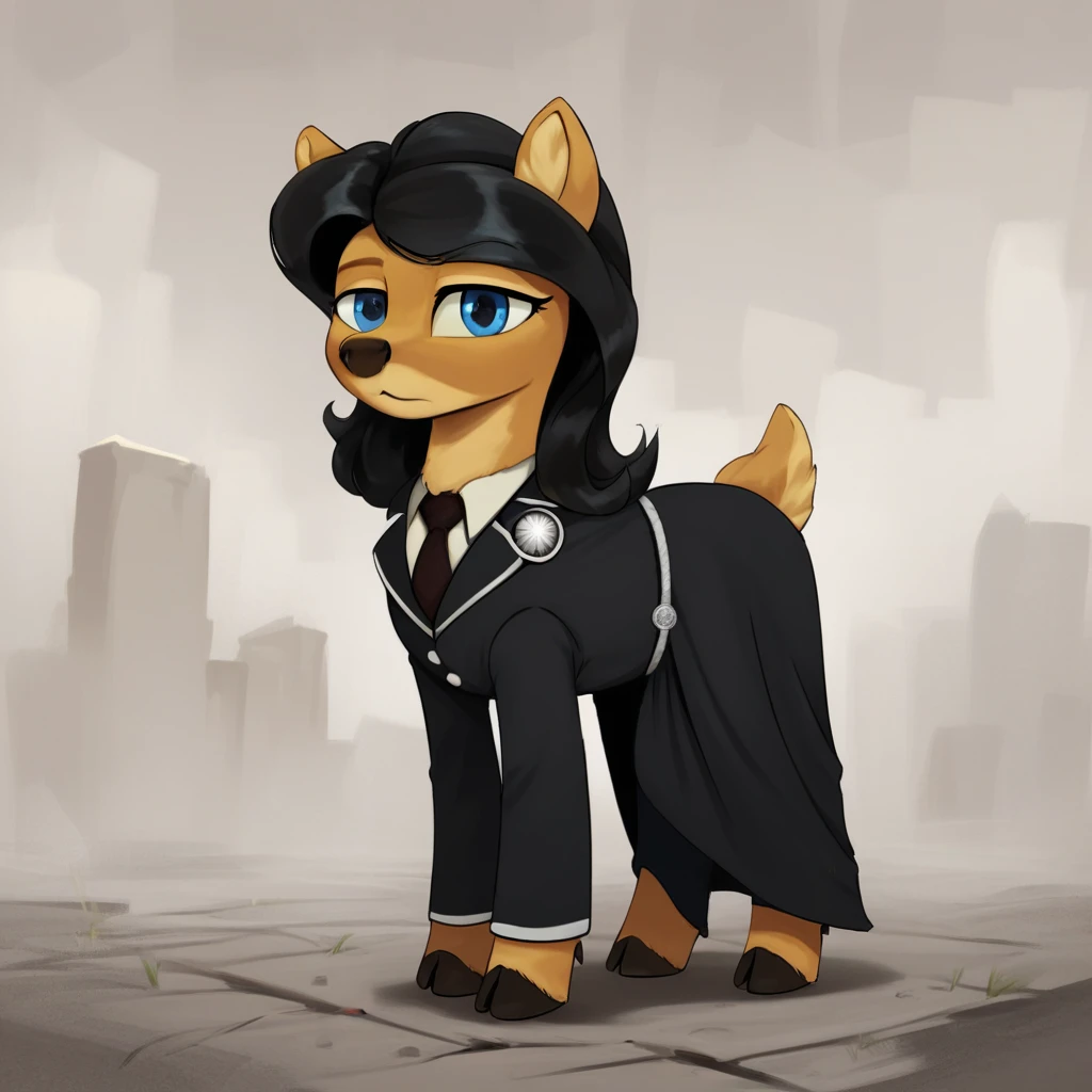 masterpiece, score_9_up, score_8_up, score_7_up, (best quality:1.1), ultra-detailed, high resolution, 1character, Hira Ramachan, doe, brown fur, hooves, fluffy ears, black hair, feral, deer, black deer nose, female, black suit, white brooch on suit, tie, (((beautiful detailed blue eyes))), full body, looking at you, long eyelashes, long eyelashes, highly Visible, (((8k))), from equestria at war, detailed background, outdoors , sharp focus, perfect lighting, beautiful eyes, detailed outfit, anatomically correct, extremely detailed, shine on body, high detail, cute, happy expression