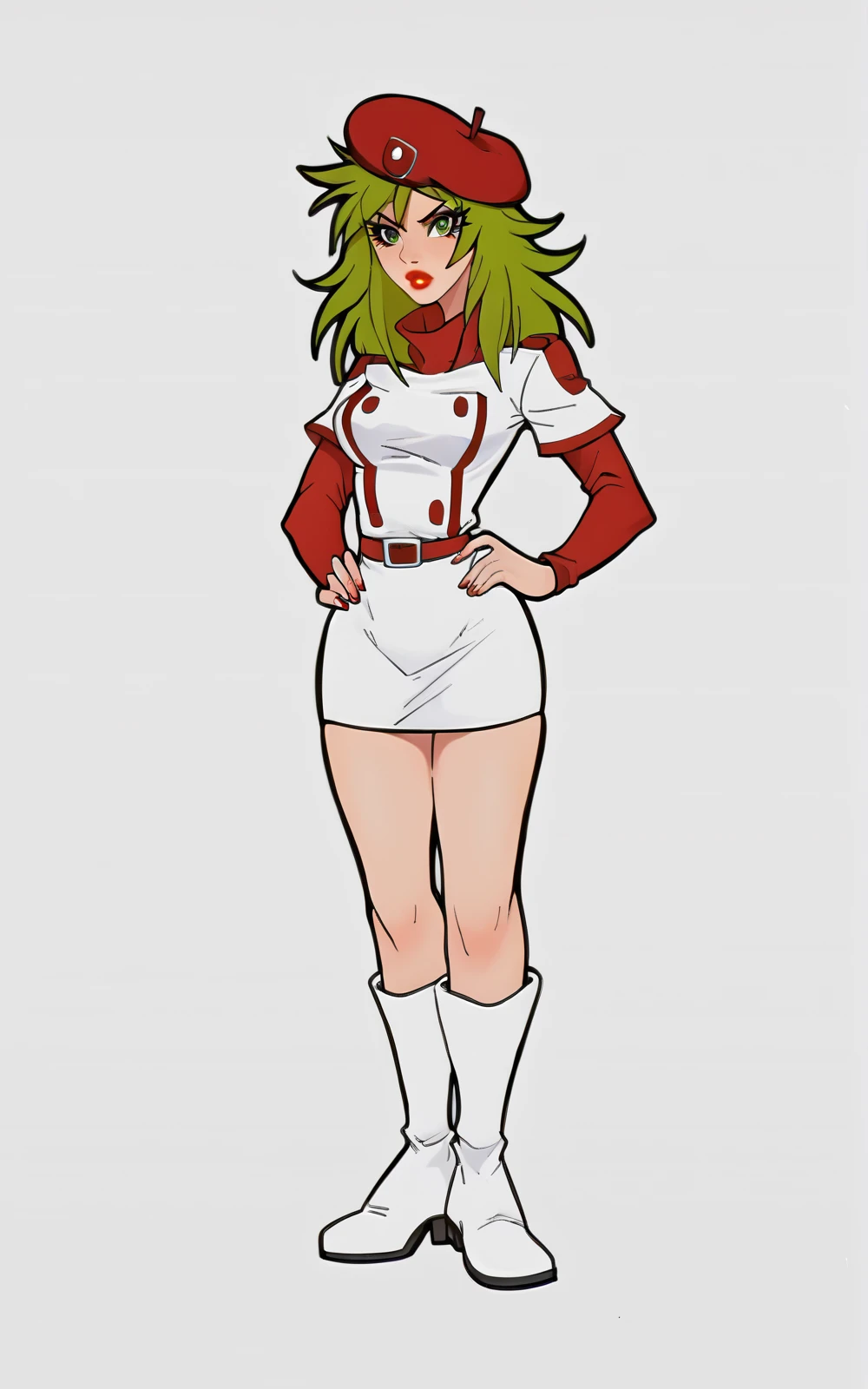 score_9, score_8_up, score_7_up,((best quality)), absurdres,((full body)), <lora:AtashaPXL:0.8>,AtashaPXL, green hair, lipstick, beret, red beret, white dress, white boots, red belt, long sleeves, (white background),military uniform,red sleeves,short dress,white short sleeves,green eyes, <lora:JagodibujaStylePXL:0.8>,pinup, standing,hands in hip