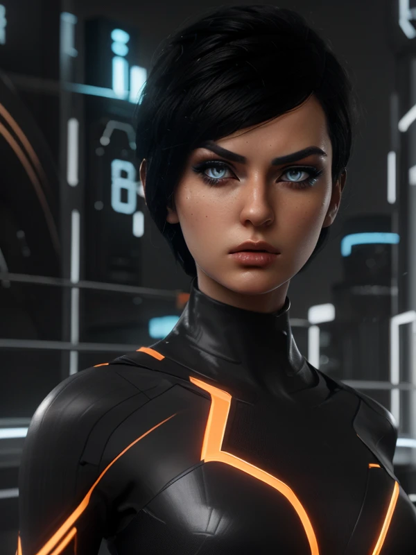 (best quality:1.5) (kira)+, young woman, short black hair, detailed glowing blue android eyes, dressed in futuristic outfit, black bodysuit with orange lines, complex line pattern on suit, slim clothes, (classic kira appearance)+, detailed drawn face, (correct eyes)++,  angry expression, correct proportions, looking at viewer, closeup, upper body showing, epic science fiction scenery, <lora:kira:1>, semi-realistic