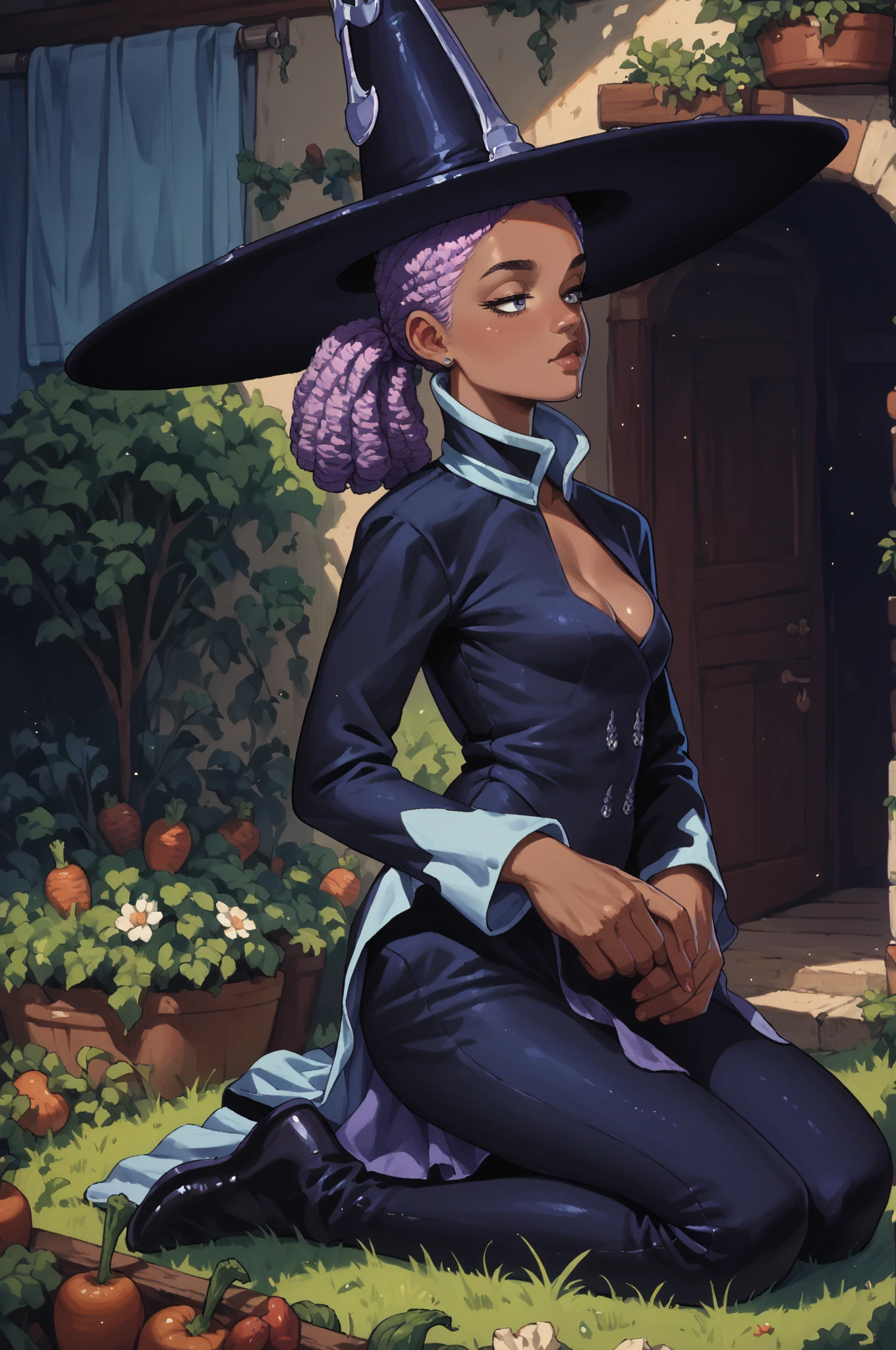 score_9, score_8_up, score_7_up, score_6_up, score_5_up, score_4_up, (high quality, detailed, beautiful)  <lora:Helene_epoch_9:0.99> helene_potnom, witch_hat, dark_skin, purple_hair
 garden, kneeling, trowel, vegetable, outdoors,