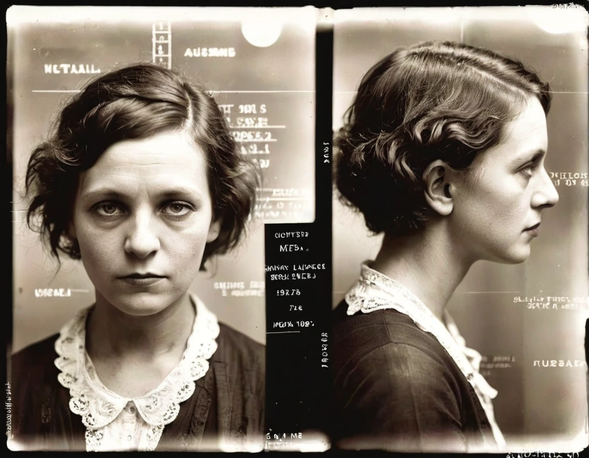 1920smugshot, 1920s mugshot of a woman, <lora:SDXL_1920smugshots_LoRA_v2:1>