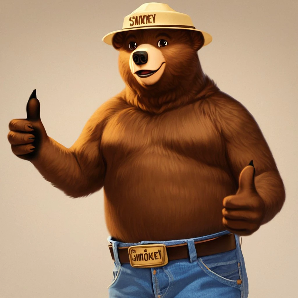 score_7_up, score_8_up, upper body, retro,
BREAK,
solo male, anthro, bear, Packsmokey, campaign hat, belt buckle, lettering, "smokey", brown fur, jeans, detailed fur, simple background, plain background, (thumbs up),