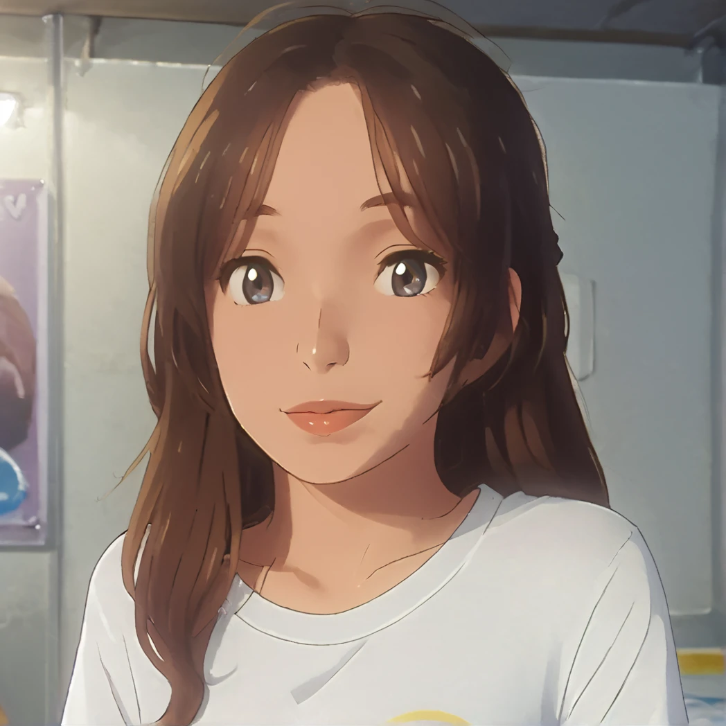 1girl, looking at the camera, highly detailed Medium Brown hair, 
highly detailed eyes, wearing a tshirt, highly detailed, best quality, (UHD, 8K, ultra detailed, 
highly detailed, best quality, large soft breasts, soft smile, best aesthetic, high detail, amazing detail, masterful, work of a master), your name, anime style, anime, illustration,
