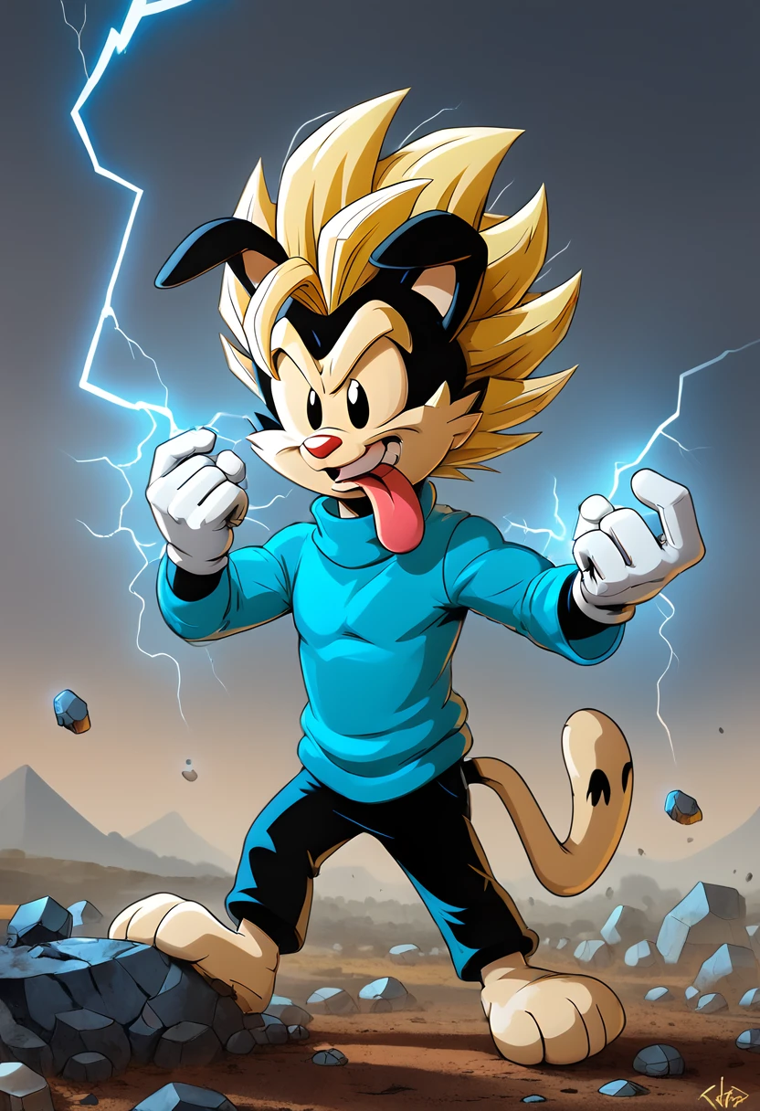 score_9, score_8_up, score_8,   <lora:Wakko_Warner_Animaniacs_for_PonyXL:0.8> 1boy, furry, animal ears, w4kk0, tongue, white gloves, tail, blue sweater, super saiyan, aura, outdoors, plains, Kamehameha, solo, lightning, debris, blonde hair, spiky hair,