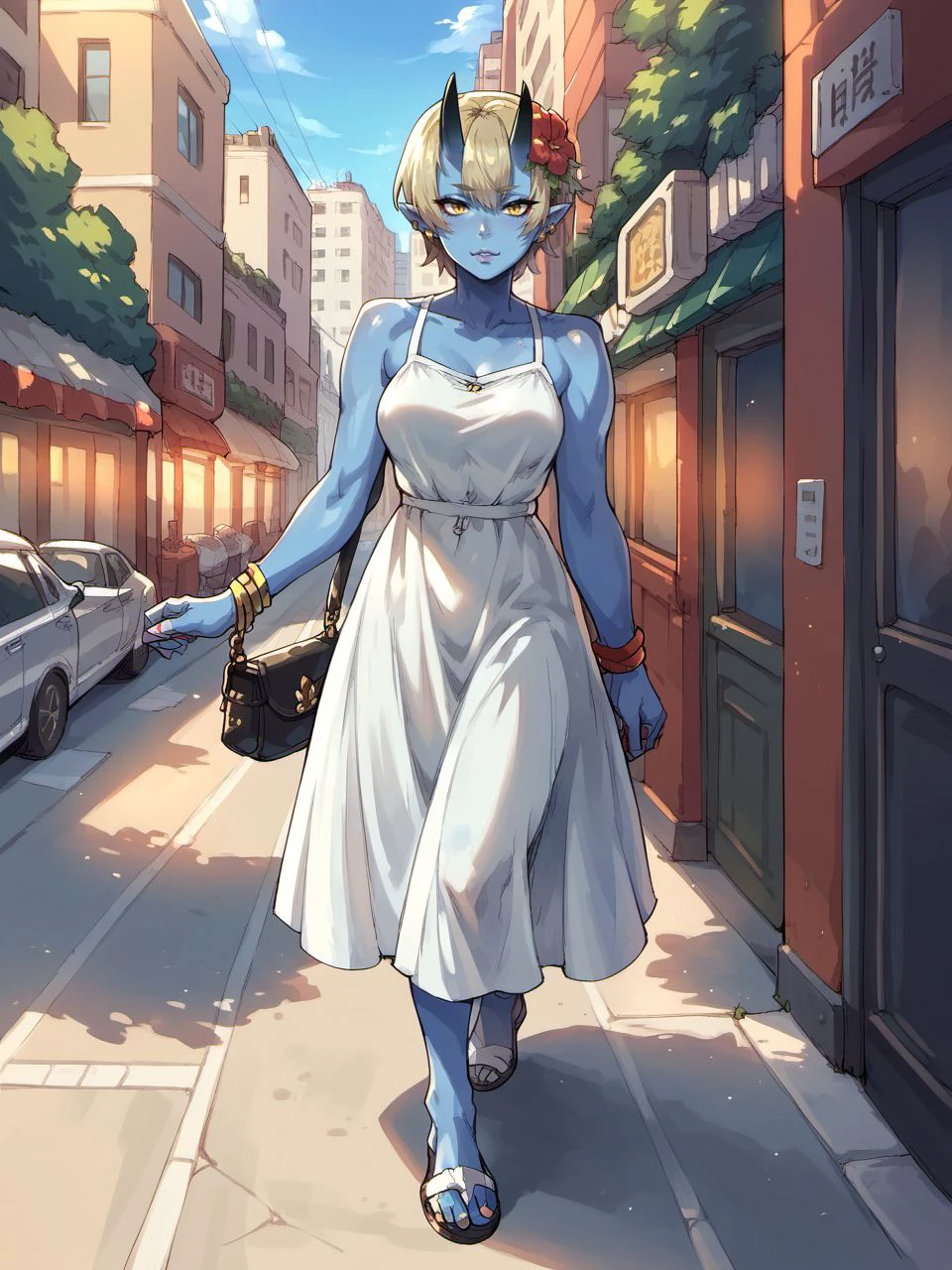 score_9, score_8_up, score_7_up, score_6_up, mikoyanstyle,
1girl, solo, blue skin, oni horns, oni, blue oni, colored skin, city, street, summer dress, white dress, handbag,
<lora:mikoyan_style_v1:0.8>,