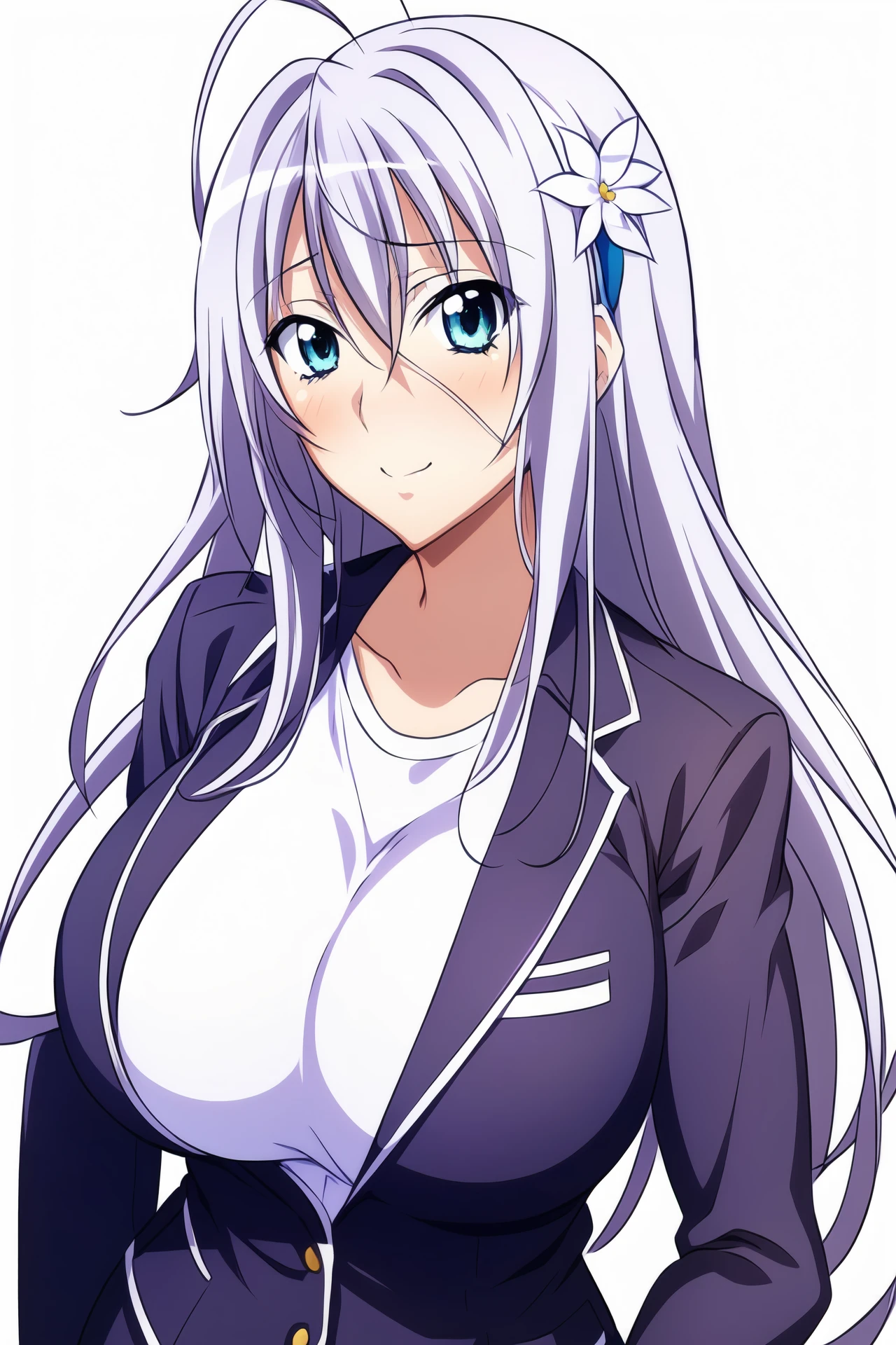 Simple Background,(White_Background:1.4),
dynamic pose,standing at attention,
business suit, formal, pant suit, pants,Blue jacket,long sleeves, 
<lora:Rossweisse_DXD-KK77-V1:0.7>,rossweisse,
Blue eyes, silver hair,  bangs,Long hair,Makeup, red lipstick, hair ornament, hair flower, 
<lora:more_details:0.1>,<lora:NovelAI_YesMix5_KKStyle-KK77-Yes5-V1:0.5>,
1 girl, 20yo,Young female,Beautiful long legs,Beautiful body,
Beautiful Nose,Beautiful character design, perfect eyes, perfect face,expressive eyes,perfect balance,
looking at viewer,(Focus on her face),closed mouth, (innocent_big_eyes:1.0),(Light_Smile:0.3),
official art,extremely detailed CG unity 8k wallpaper, perfect lighting,Colorful, Bright_Front_face_Lighting,White skin,
(masterpiece:1.0),(best_quality:1.0), ultra high res,4K,ultra-detailed,
photography, 8K, HDR, highres, absurdres:1.2, Kodak portra 400, film grain, blurry background, bokeh:1.2, lens flare, (vibrant_color:1.2),professional photograph,
(Beautiful,large_Breasts:1.4), (beautiful_face:1.5),(narrow_waist),