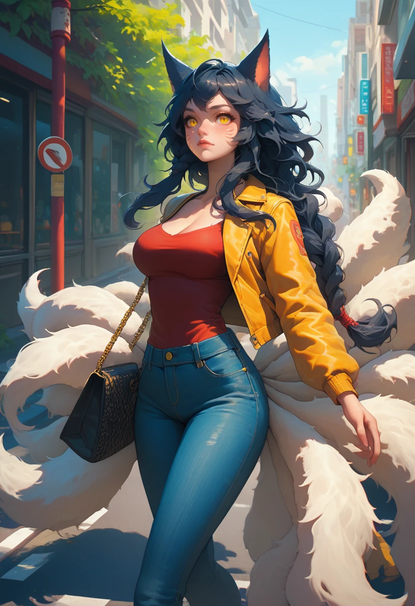 score_9, score_8_up, score_7_up, ahridefault, slit pupils, animal ears, facial mark, fox tail, multiple tails, long hair, single braid, black hair, yellow eyes, large breasts, outdoors, street, road sign, jacket, open jacket, jeans, casual, long sleeves, <lora:Ahri_pdxl_Incrs_v1:1>, handbag,