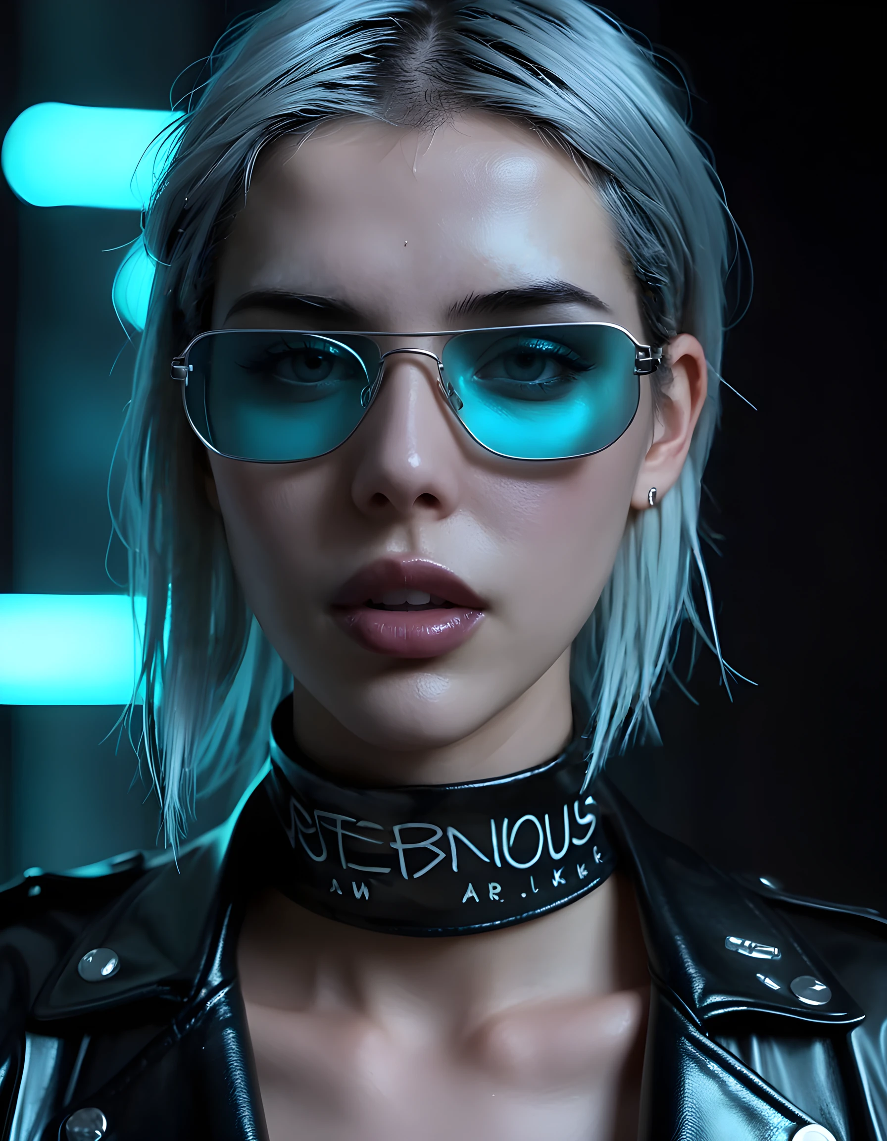 In a dimly lit, ethereal cyberpunk setting, the androgynous 53R3N483LL3 is captured in an intimate close-up portrait. Their piercing cyan eyes are veiled by neon-tinted sunglasses, while their full, glossy lips part slightly to reveal a row of sharp, metallic teeth. The image is set against a backdrop of pulsating holographic advertisements, digital graffiti, and towering, rain-slicked skyscrapers. 53R3N483LL3's bare shoulders are adorned with intricate silver tattoos that seem to glow in the dim light, contrasting with their black leather jacket. Their chiseled jawline is emphasized by a single spotlight that illuminates them from below, casting deep, dramatic shadows on their face. With a defiant stare that locks eyes with the viewer, 53R3N483LL3 confidently flaunts their unique beauty and rebellious spirit in this captivating, high-contrast photograph.