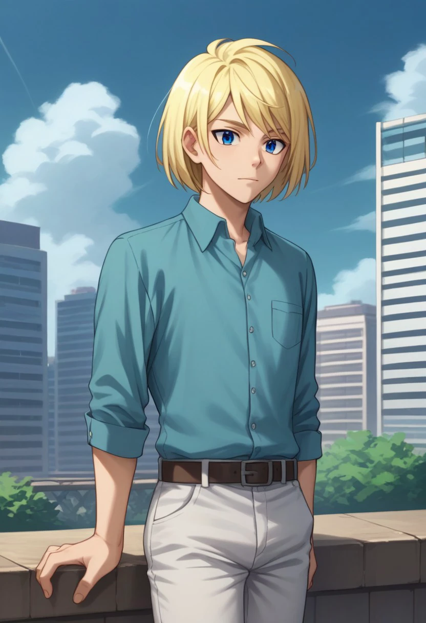 score_9, score_8_up, score_7_up, source_anime, highly detailed, 
shionkiba, 1boy, male focus, solo, shirt, blue eyes, blonde hair, blue shirt, 
belt, pants, short hair, collared shirt, white pants, grey pants,
outdoor, sky, buildings,