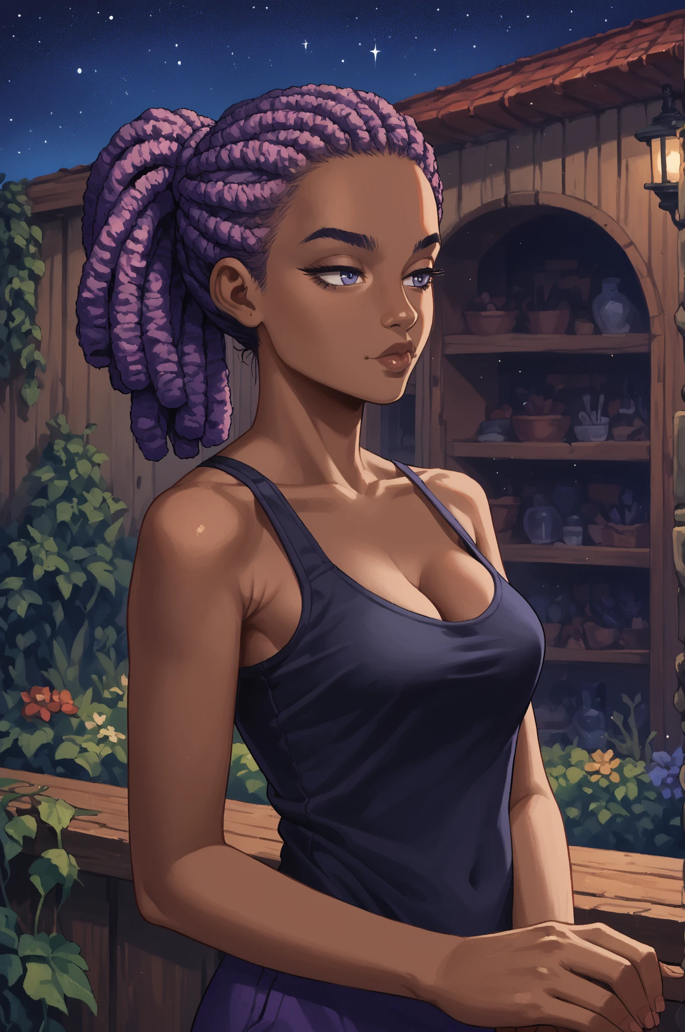 score_9, score_8_up, score_7_up, score_6_up, score_5_up, score_4_up, (high quality, detailed, beautiful)  <lora:Helene_epoch_9:0.99> helene_potnom, dark_skin, purple_hair, large_breasts, dreadlocks, 
 garden, vegetable, outdoors, night_sky, star_\(sky\), cleavage, tank_top,