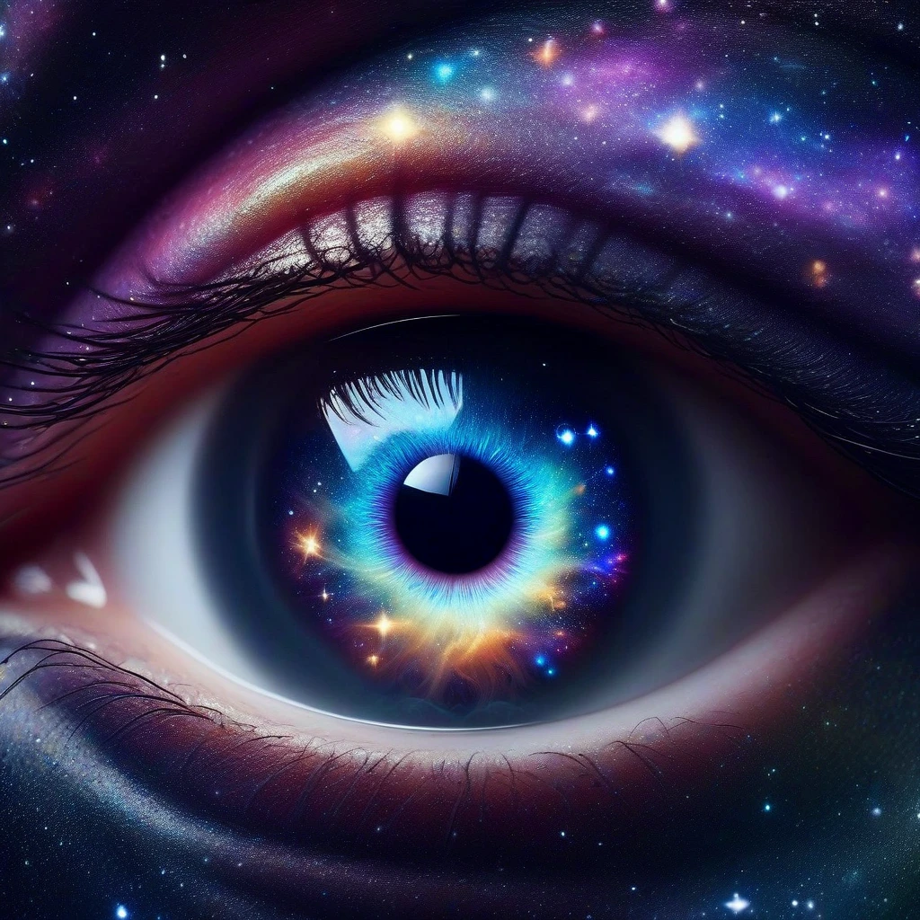 Close-up of a mystical, enchanted eye with a swirling, galaxy-like iris and a star-shaped pupil that seems to shift and change colors.
