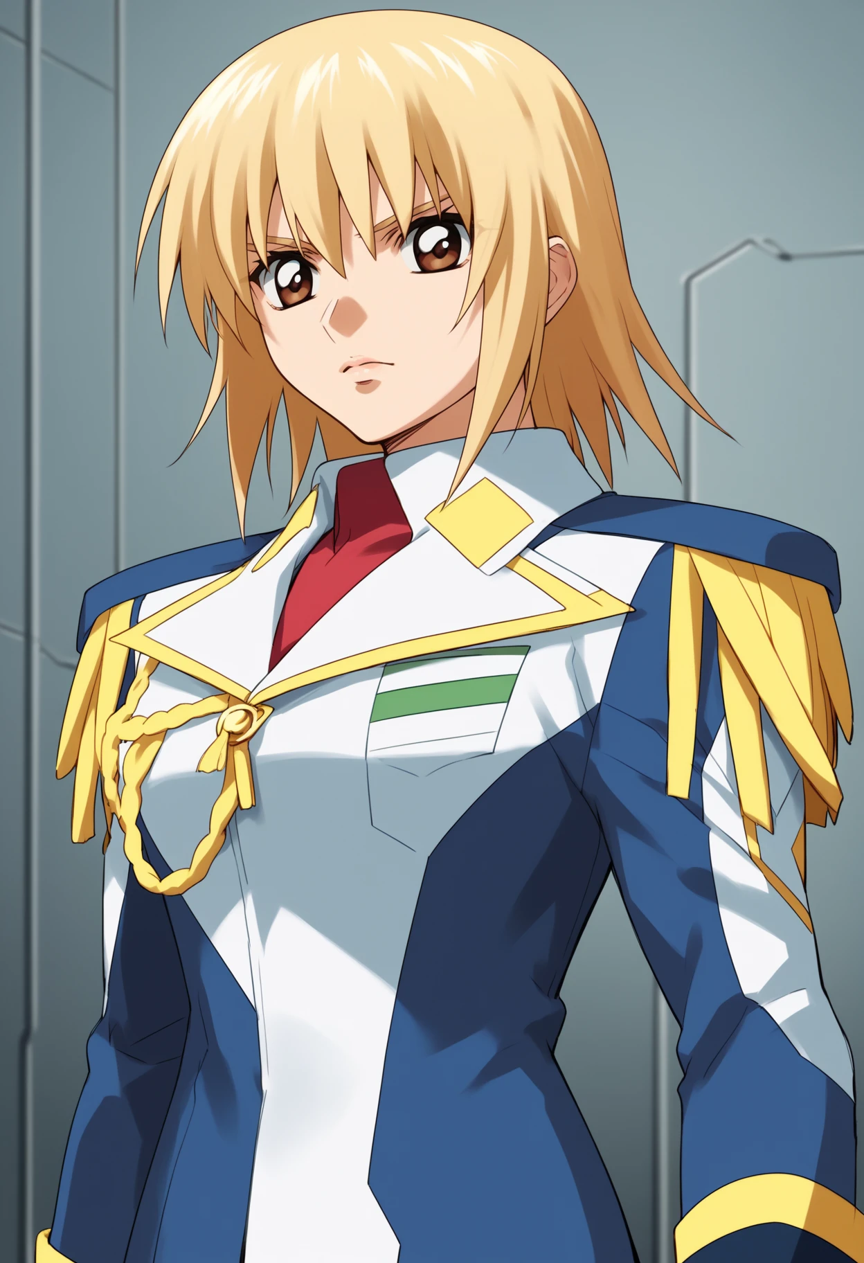 score_9, score_8_up, score_7_up, score_6_up, score_5_up, score_4_up, BREAK, source_anime,
1girl, cagalli, blonde hair, brown eyes,
commander, epaulettes, military uniform,
upper body, looking at viewer, solo, futuristic control room background      <lora:CagalliYulaXL:1>