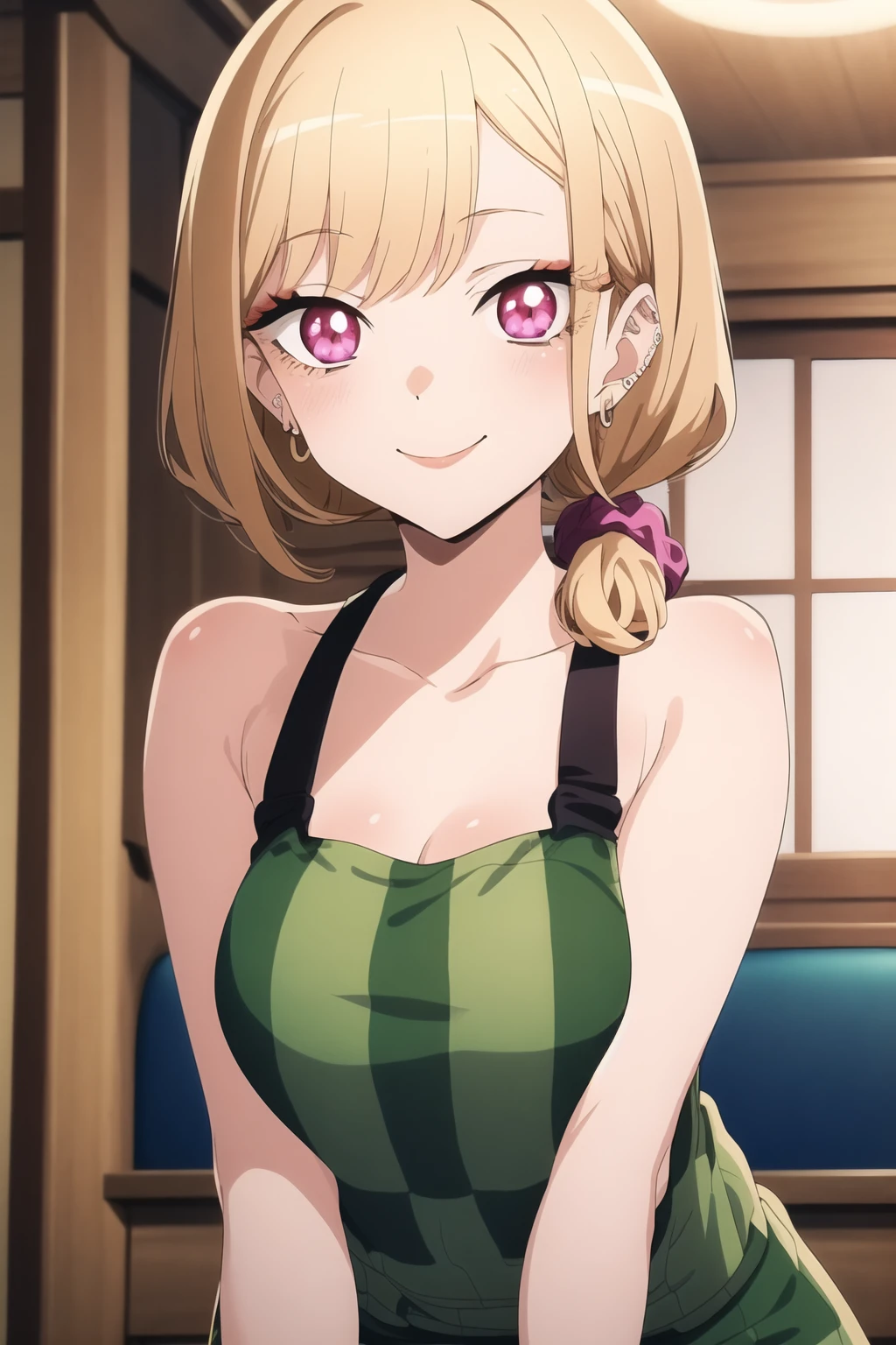 (masterpiece, best quality, very aesthetic, ultra detailed, source anime, anime, intricate details), <lora:Sono Bisque Doll wa Koi wo Suru - Marin Kitagawa SD 1.5 R6:0.9>, 1girl, blonde hair, (green apron), solo, piercing, smile, ear piercing, earrings, looking at viewer, scrunchie, kitagawa marin, shoulders