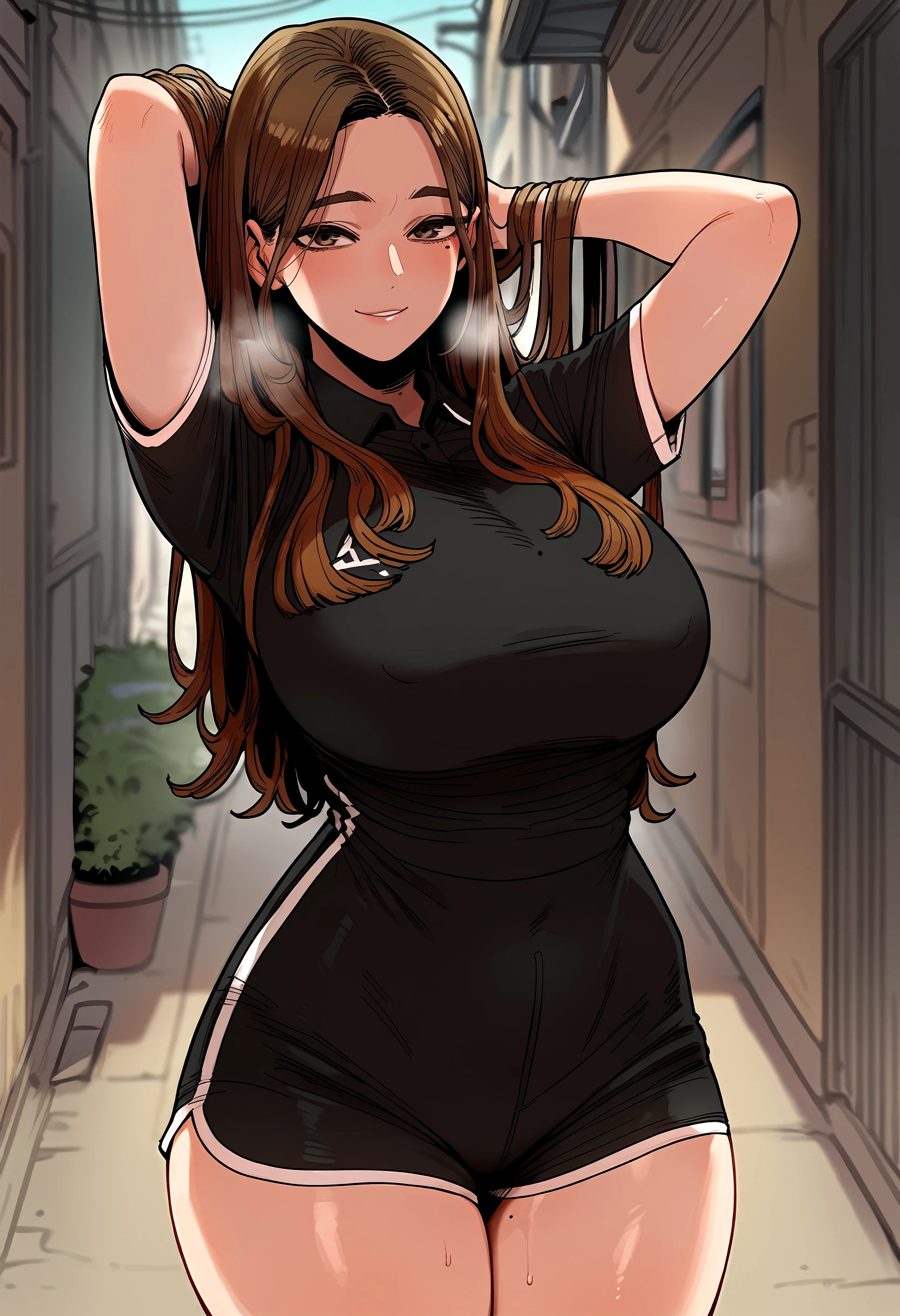 score_9, score_8_up, score_7_up, score_6_up, source_anime, rating_explicit, <lora:neg4all_bdsqlsz_V3.5:2.0>1girl, solo, huge breasts, <lora:Cho Ye-ryeongponyxl:1> long hair, brown hair, brown eyes, mole under eye, black shirt, short sleeves, polo shirt, black shorts, short shorts, smile, Narrow shoulders, heavy breathing, steaming body, alley, outdoors, looking at viewer, standing, arms behind head