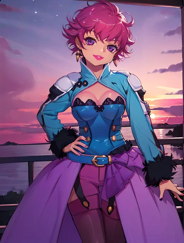 1girl, chubby, standing, smile, happy, (small breasts:1.4), (hand on hip:1.4), tsurime, happy, (smug:0.6), (dominant smile:0.6), side, (solo:1.4), portrait, landscape, horizon, (cute:1.4), (dramatic dusk:1.9), (night evening:1.4), HaroldBe, pink hair, redhead, pink punch hair, pink-red hair, purple eyes, messy hair, short hair, pixie cut, thick lips, lipstick, earrings, medieval lab, corset, fur trim cuffs, trimmed fur sleeves ends, long sleeves, shorts under skirt, purple skirt, garter straps, pink footwear, knee high boots, coat, original outfit, cowboy shot, window, (castle:0.9), , <lora:da9a8a04-2ae8-4fc9-9758-a4ae0d98754c:0.4>, <lora:jkBigAssSlimWaistPAWGv01:0.1>, <lora:Fat:0.4>, <lora:ff842559-abcb-411b-a0a6-17167331dcec:0.7>, <lora:0fdb1eda-7961-4da6-ae46-524b879a03ec:0.5>